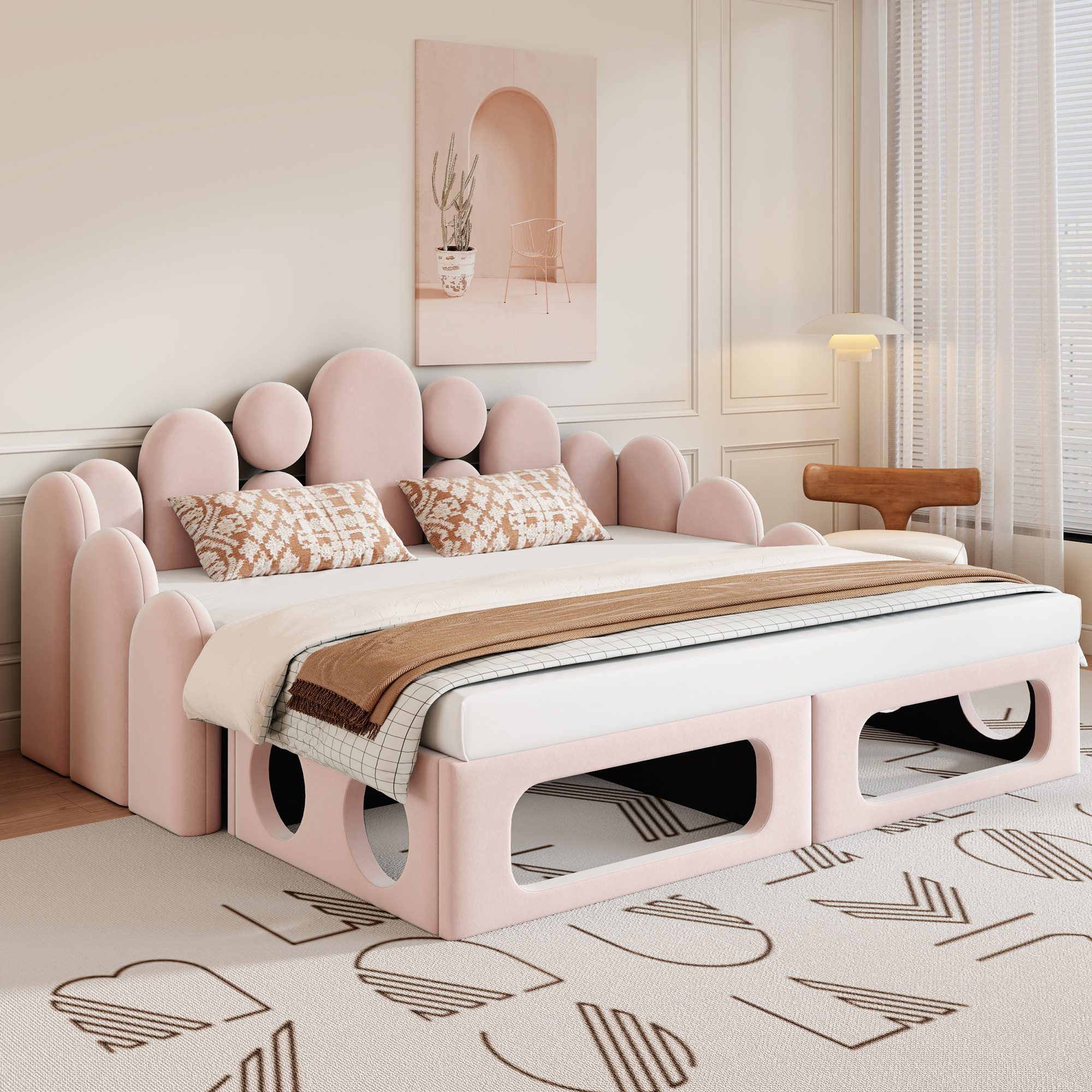 MODFU Schlafsofa Polsterbett 2-in-1, Weicher Samtstoff, Funktionsbett mit Lattenrost und Rückenlehne, Inkl. Haustierbett, ohne Matratze, Kinderbett 180x200 cm