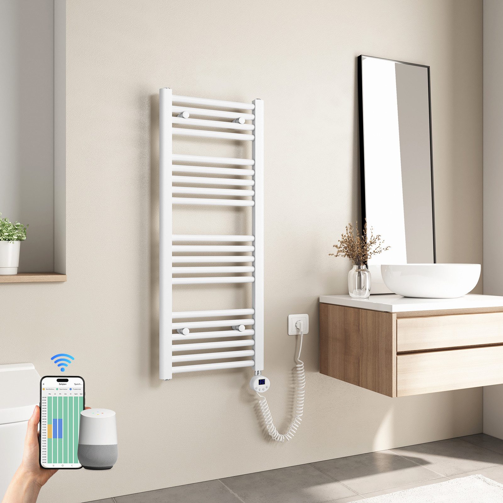 MEYKOERS Elektrischer Badheizkörper mit Smart WLAN Thermostat Heizstab, Höhe: 100 cm, Intelligente App/Sprachsteuerung, Weiß/Anthrazit