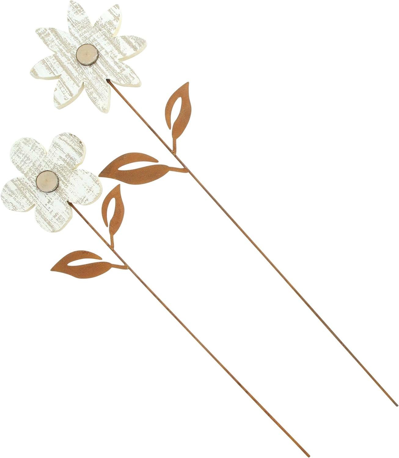 Dekoleidenschaft Gartenstecker "Blume" aus Metall mit Echtrost-Finish & Blüten aus Holz, Beetstecker (2-St., im Set) Dekostecker Metallstecker Roststecker Stecker, Gartendeko für Draußen
