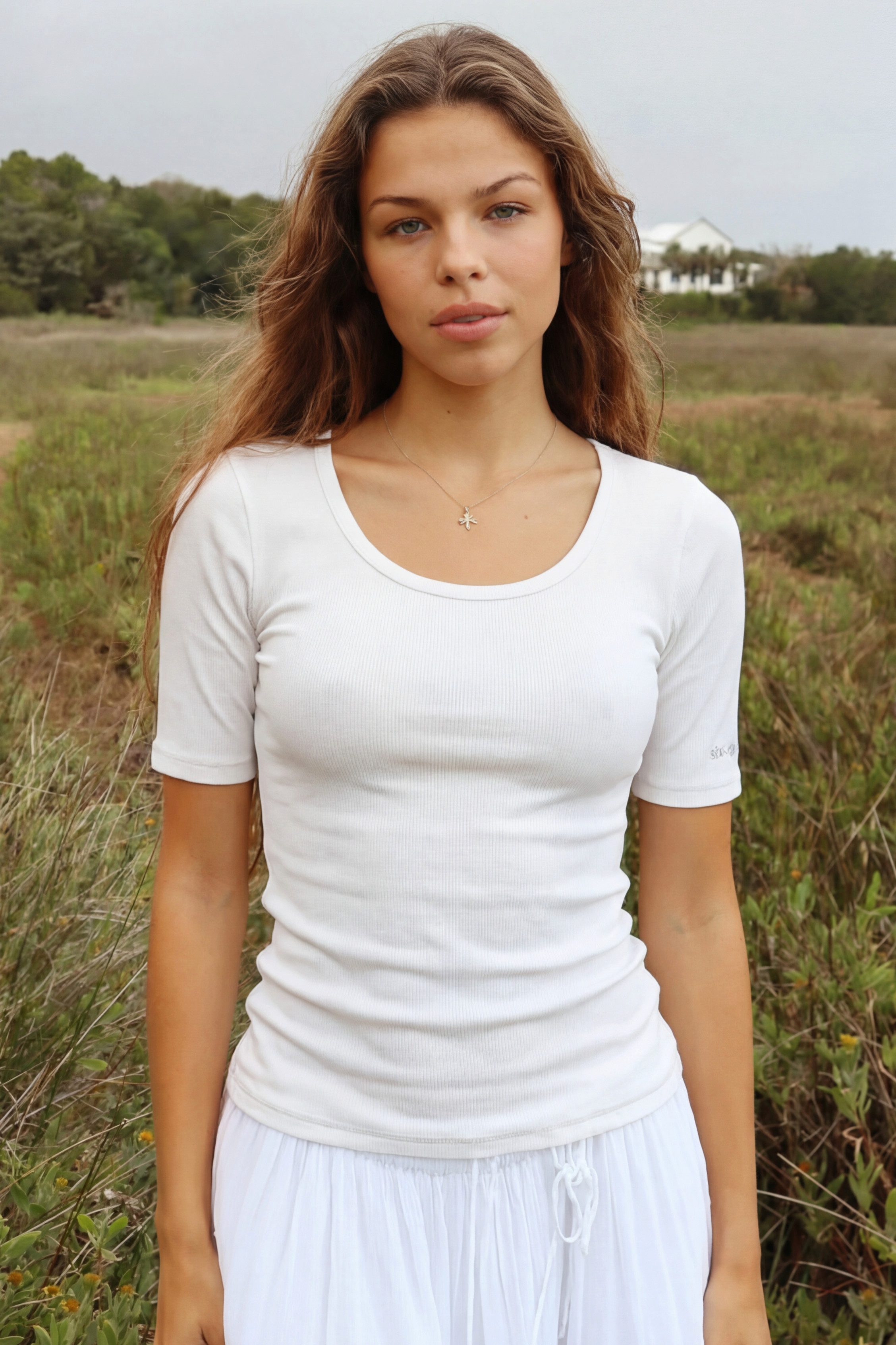 six-o-seven Kurzarmshirt Basic Strickshirt mit Silber Print in Weiß, moderner Frühling Style