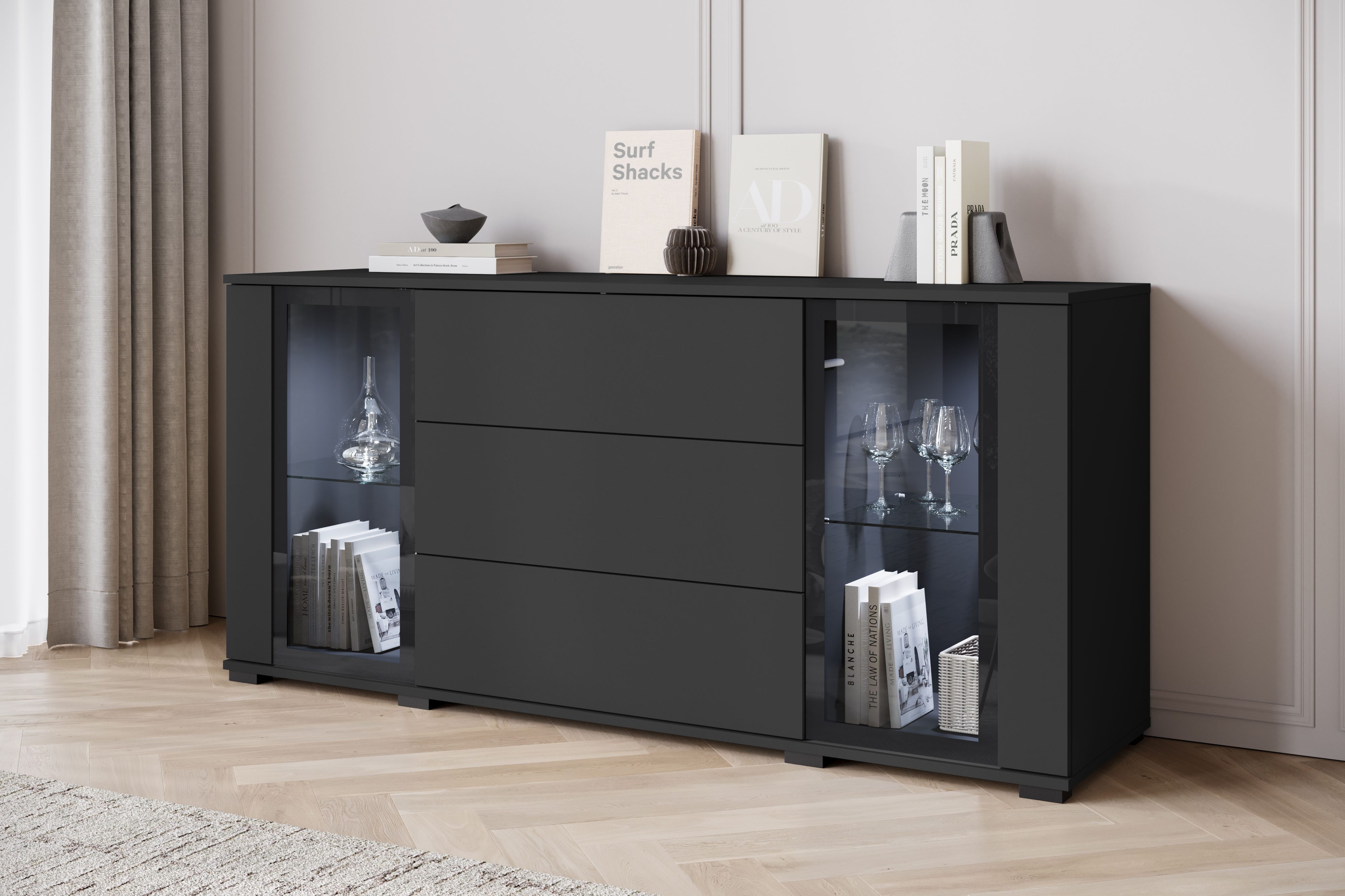 Home affaire Sideboard modernes Design mit Glaseinsätzen und 3 Schubladen, Breite 150 cm (1 St), Grifflose Fronten mit Push-to-Open, höhenverstellbare Einlegebö – Bild 4 von 5