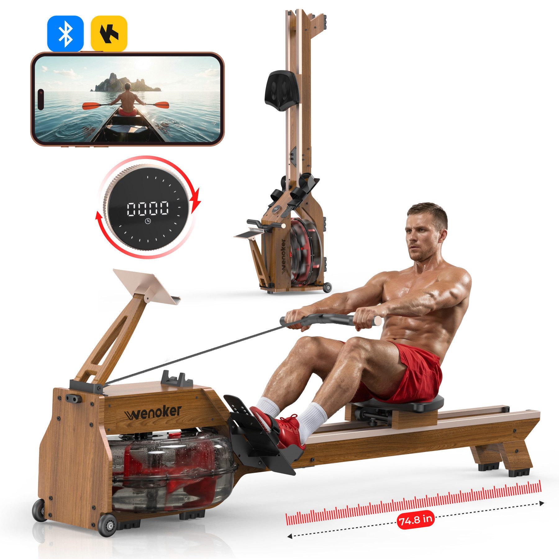 Wenoker Rudergerät Heimrudergerät aus Massivholz, Wasserrudergerät, App-kompatibel (1-tlg., LCD-Display mit Drehregler, mehrstufig einstellbarer Widerstand), Bluetooth, Zwift-/Kinomap-Kompatibilität, Tablet-Halterung