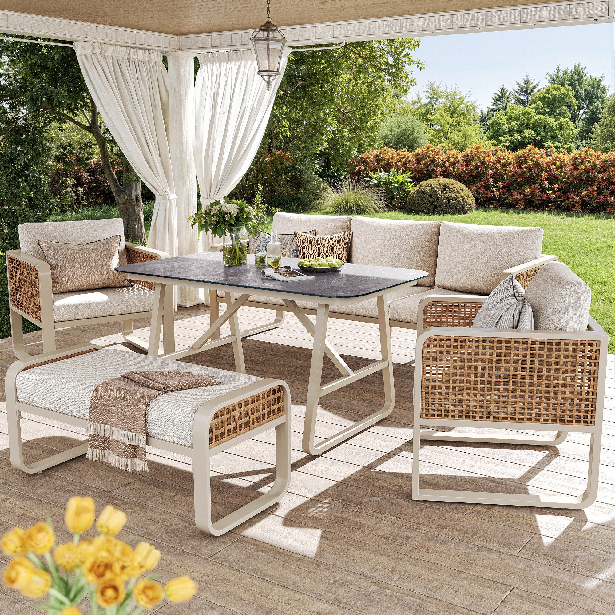 Celya Gartenlounge-Set Gartenlounges, Gartenmöbel Set Rattan mit Sofa und Esstisch, (für Terrasse, Balkon, Garten, Gartensofa mit waschbaren Kissen, verstellbaren Füßen), PE-Rattan Sitzgruppe inkl. Beistelltisch, Beige