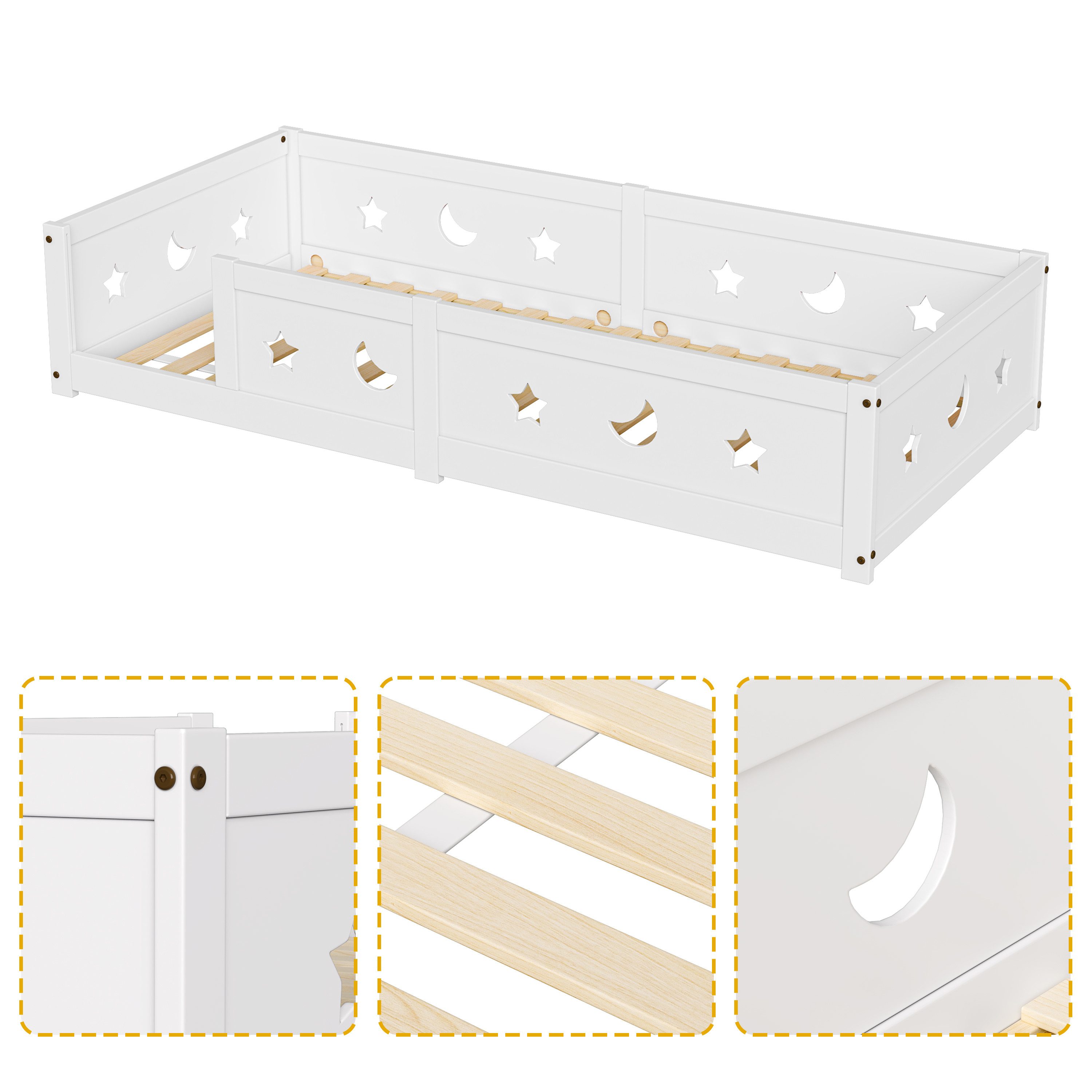 Simurq Einzelbett Kinderbett Montessori Bodenbett Einzelbett, mit Lattenrost, Stern- und Mondmuster, weiß, 120x200 cm – Bild 4 von 5