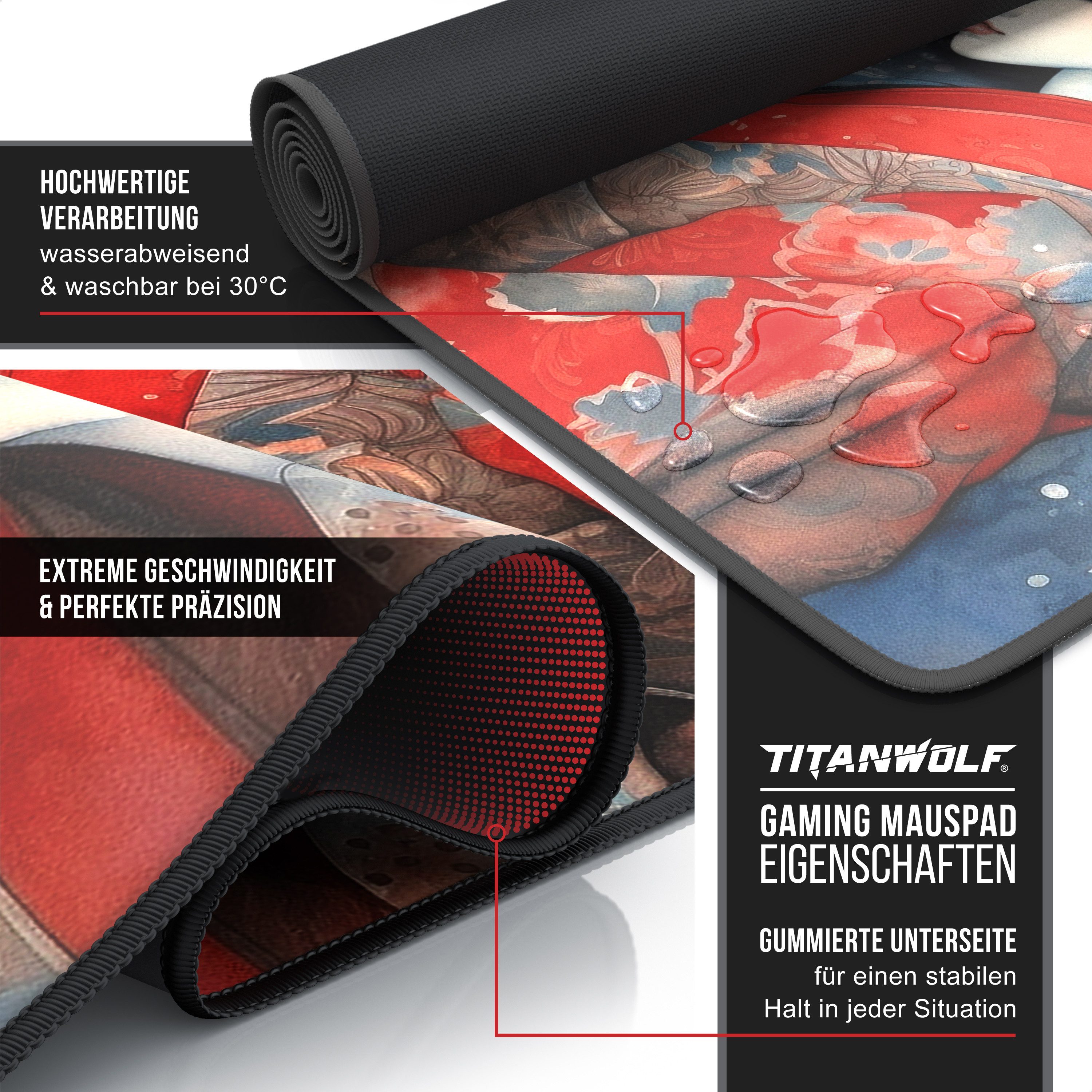 Titanwolf Gaming Mauspad XXL Speed Mousepad 900 x 400 x 3 mm, Schreibtischauflage, abwaschbar, rutschfeste Rückseite, Geschwindigkeit & Präzision, Geisha 2