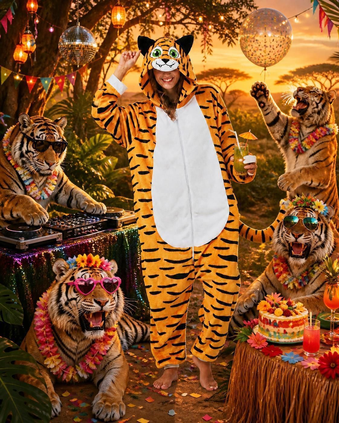 Corimori Partyanzug Flauschiges Tiger-Kostüm für Erwachsene, Karneval Kostüm Onesie für, Jumpsuit, Pyjama, Fasching, Kigurumi, Tierkostüme, Tiger Makari