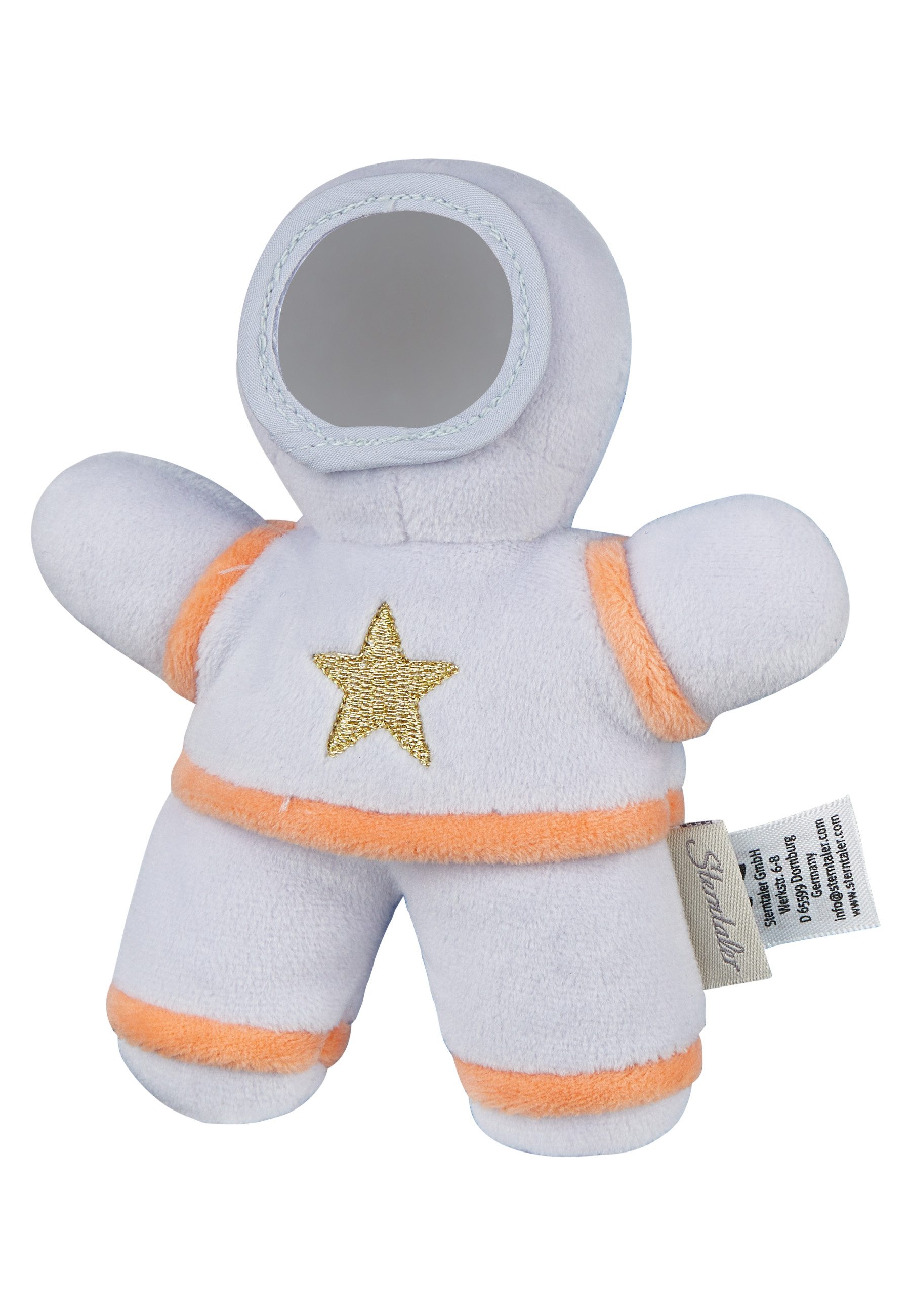 Sterntaler® Kuscheltier Kuscheltier S WELTRAUM Astronaut (Spiegel, Rassel, 1-St), aus kuscheligem Stoff, weich wattiert, süße Details, Rassel, Spiegel