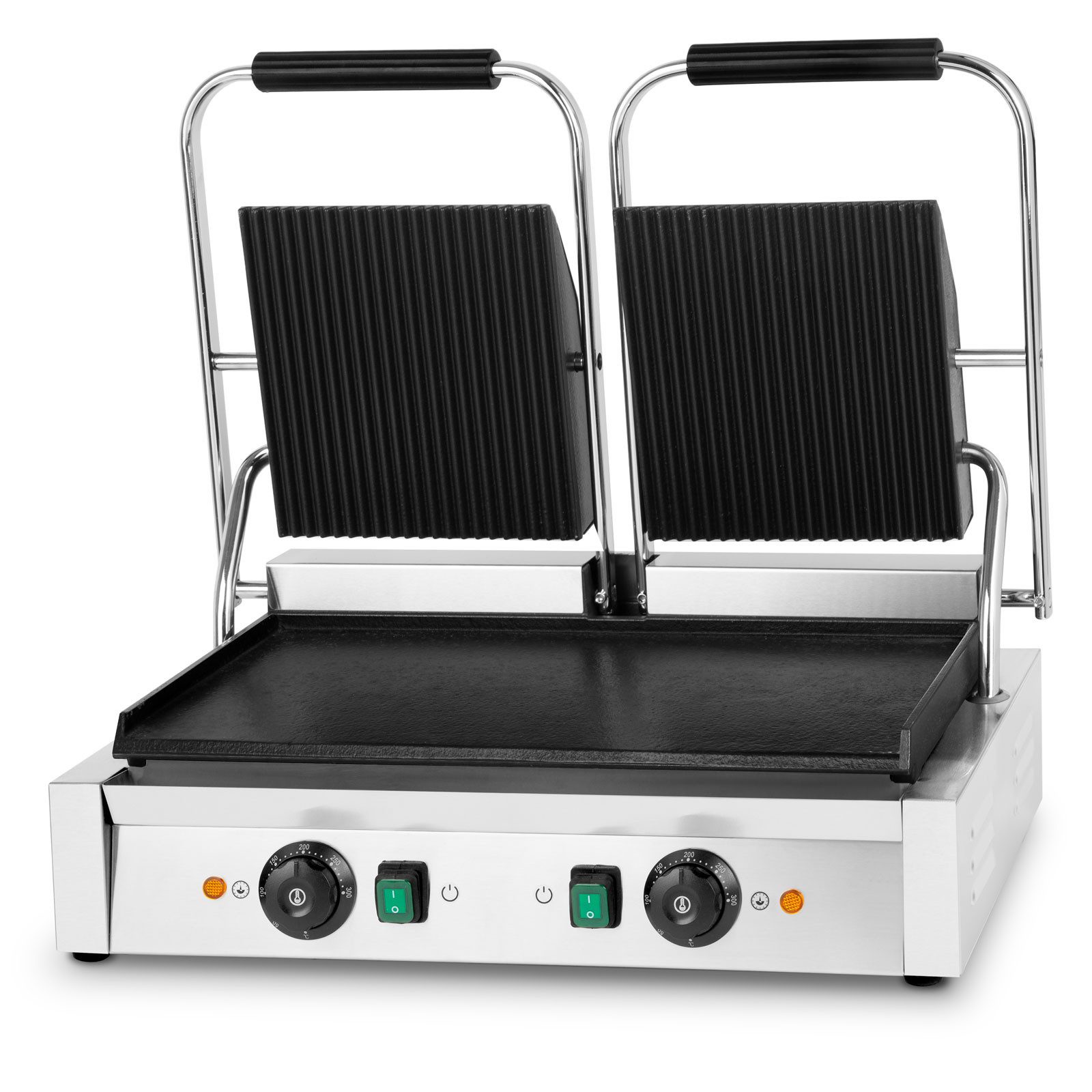 vertes Tischgrill Grillplatte oben gerillt/unten flach Gastro Multigrill, 3600 W, Edelstahlgehäuse, regelbar 0-300°C, teflonbeschichtet