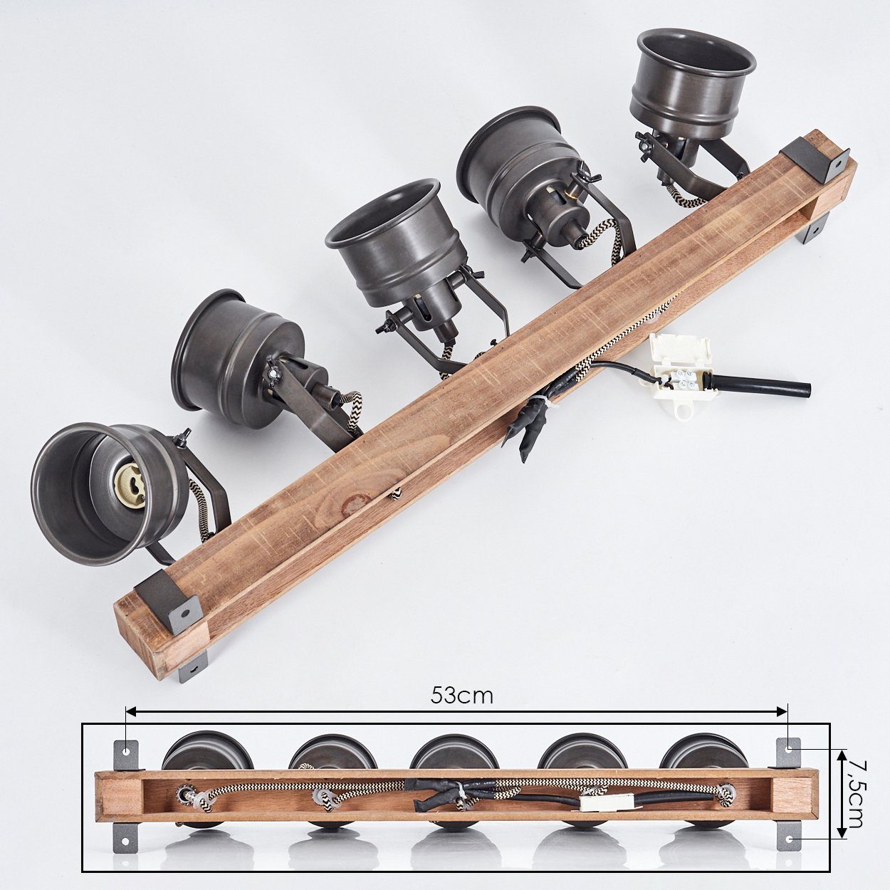 hofstein Deckenleuchte moderne Deckenlampe aus Holz/Metall in Braun/Schwarz, ohne Leuchtmittel, mit Holzbalken und verstellbaren Schirmen, 5x GU10 – Bild 5 von 5