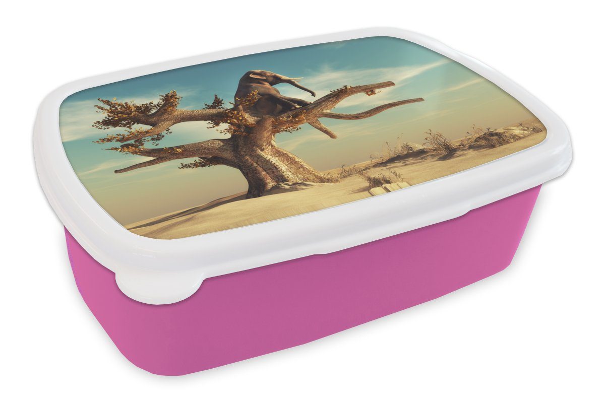 MuchoWow Lunchbox Elefant - Baum - Natur - Wüste, Kunststoff, (2-tlg), Brotbox für Erwachsene, Brotdose Kinder, Snackbox, Mädchen, Kunststoff rosa