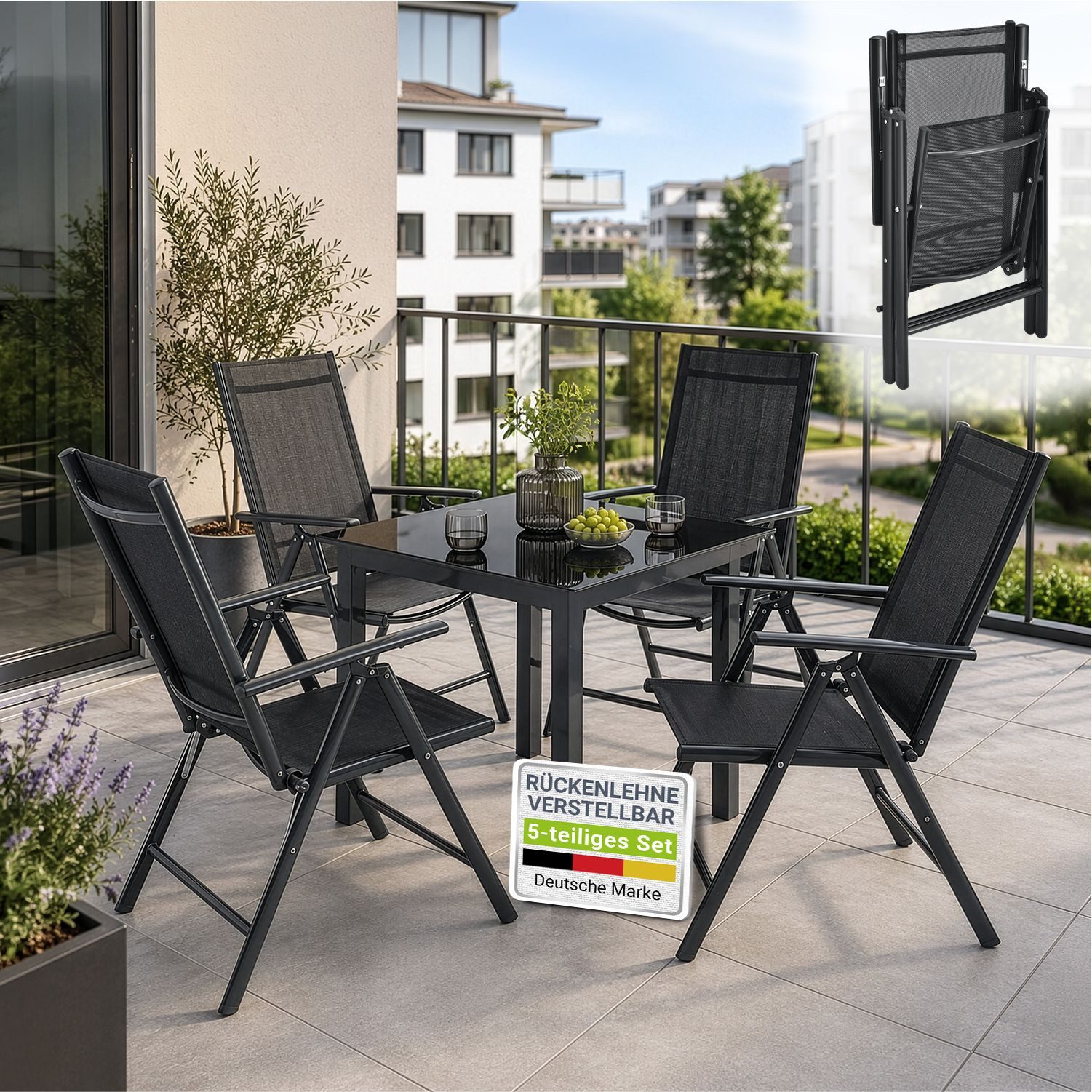Juskys Garten-Essgruppe Milano, (5-tlg), 4 Gartenstühlen plus Tisch - Stühle klappbar und verstellbar