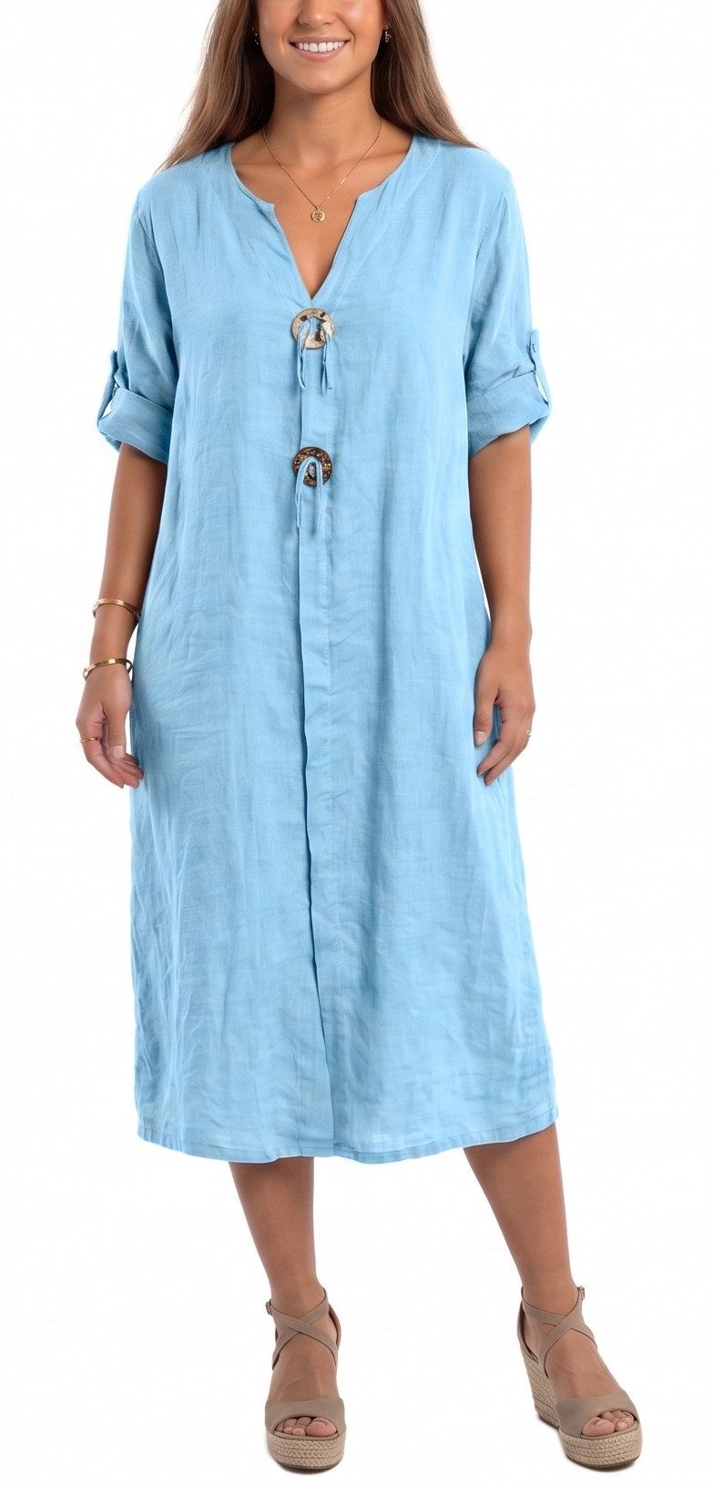 dy_mode Hemdblusenkleid Damen Leinenkleid Midi Hemdblusenkleid mit V-Ausschnitt Freizeitkleid in Unifarbe, V-Ausschnitt, mit seitlichen Eingriffstaschen