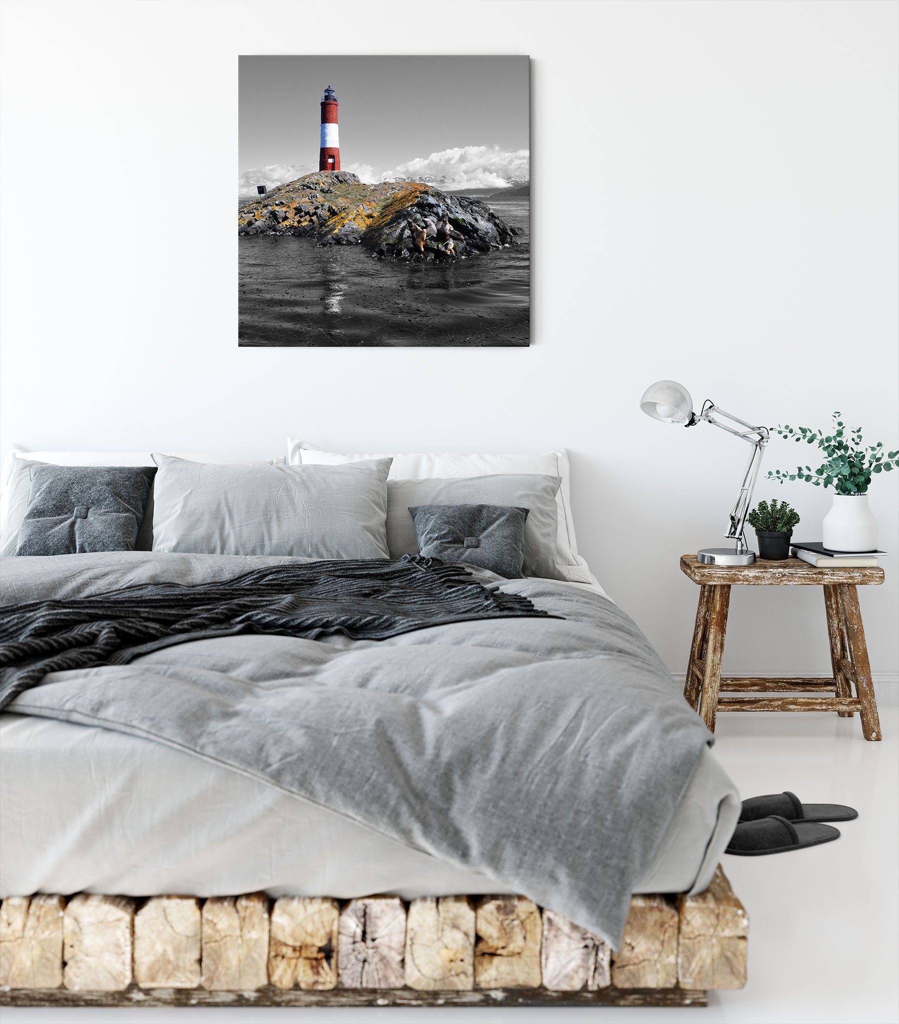Robben mit Zackenaufhänger Leuchtturm St), mit Leinwandbild Leinwandbild (1 fertig Pixxprint Leuchtturm inkl. bespannt, Robben,