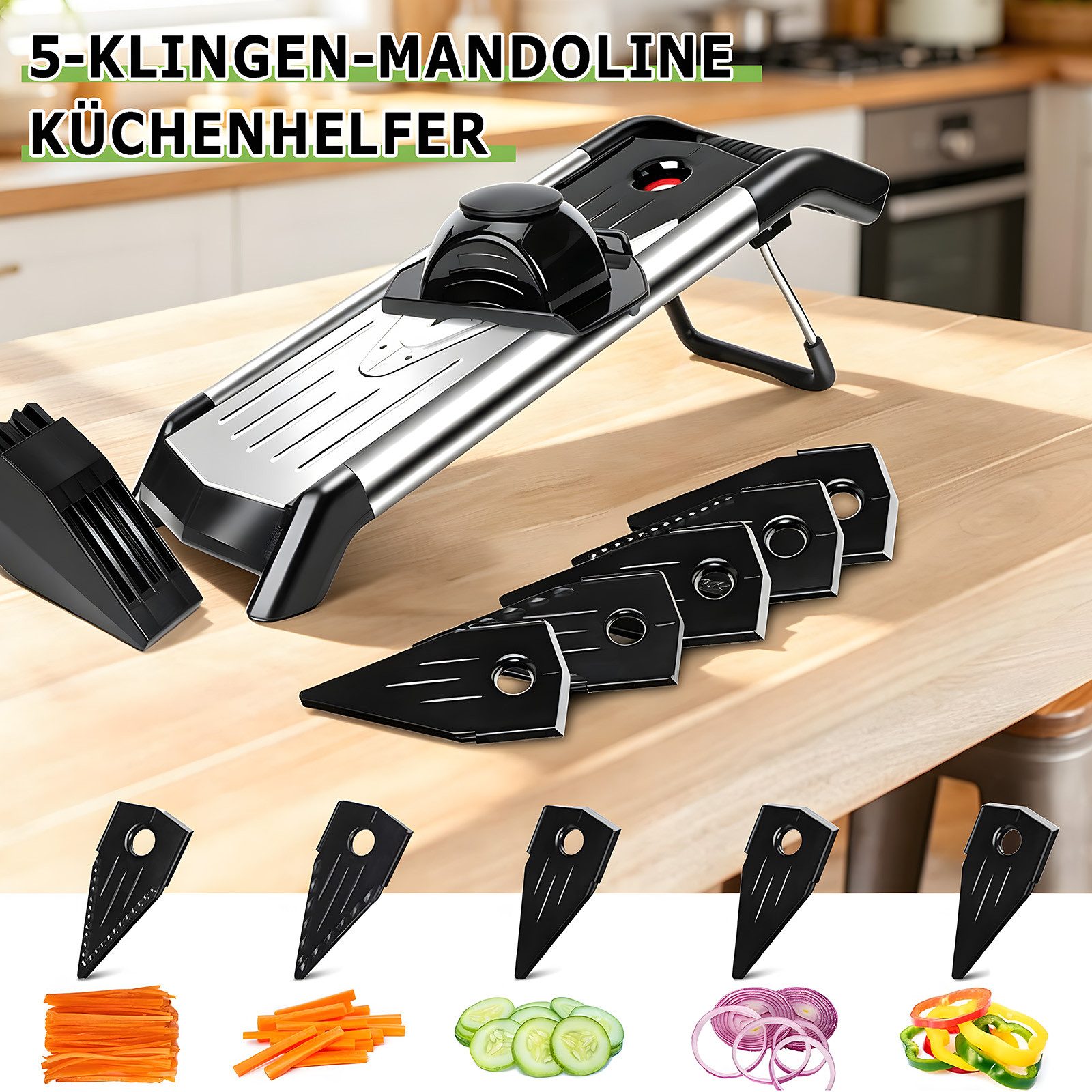 AKKEE Gemüsehobel Multifunktionaler Gemüseschneider, Einstellbare Schnittstärke, Inkl. Handschutz und Reinigungsbürste – Bild 5 von 5