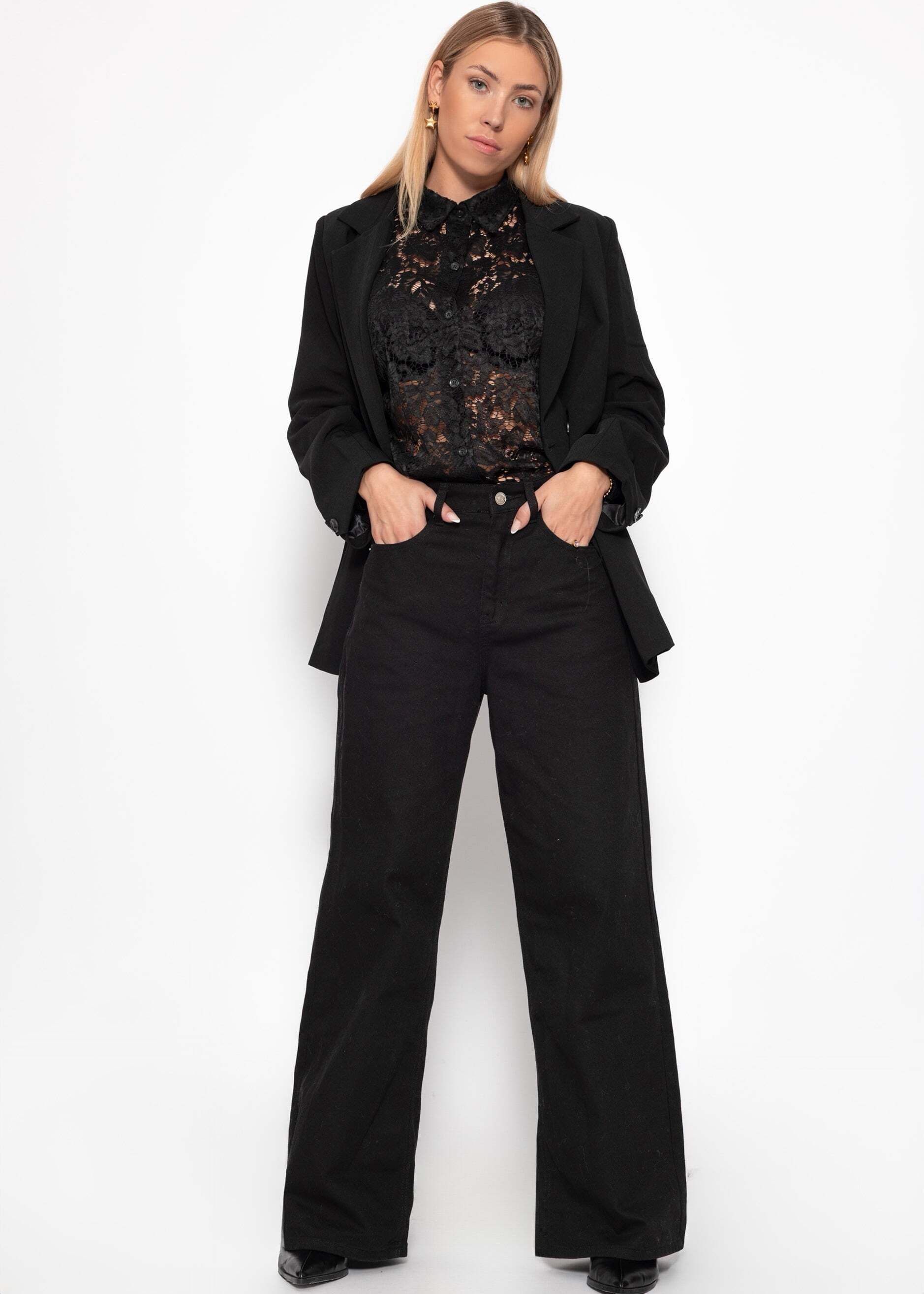 SASSYCLASSY Langarmbluse Bluse aus transparenter Spitze für Damen Elegante Buse mit Hemdblusenkragen im lockeren Schnitt Braun Schwarz