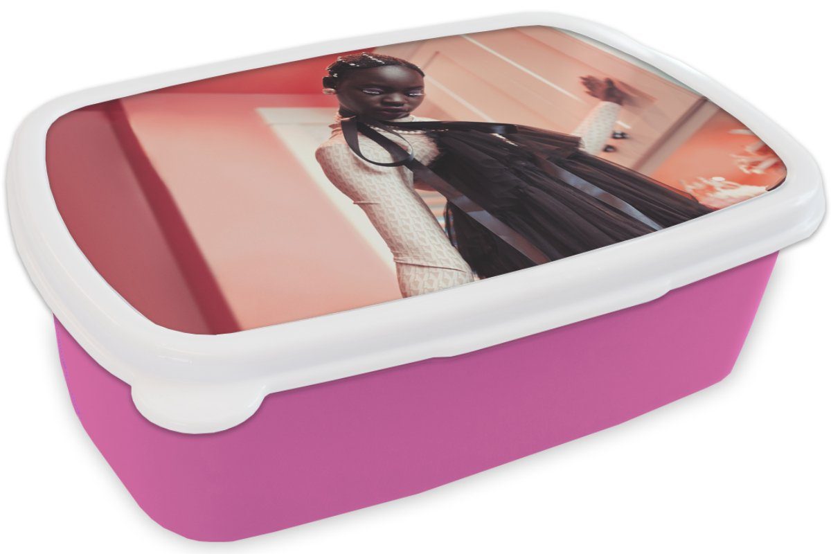 MuchoWow Lunchbox Frau Brotbox - rosa Mädchen, - Hohe Pastell Snackbox, - Brotdose Erwachsene, Kinder, Kunststoff für Absätze (2-tlg), Kunststoff, Porträt