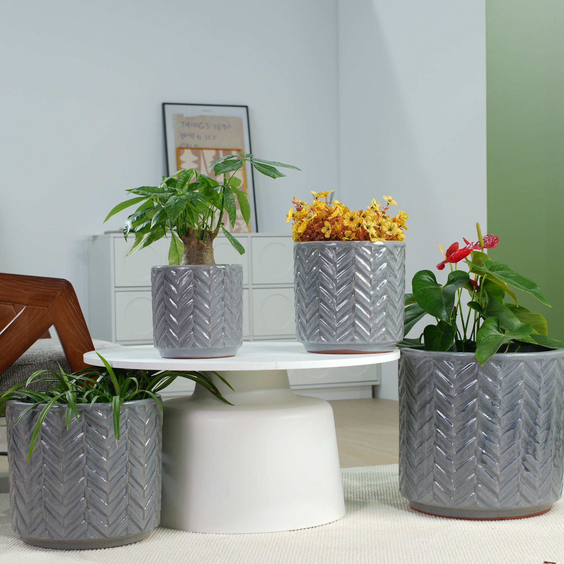 Odikalo Blumentopf Handgefertigtes Keramik Pflanzkübel Ø38/31,5/24,5/20cm Ablauflöchern (mit glänzender Hochglanzglasur & rundum Fischgrät-Relief frostsicher für Innen Balkon & Garten)