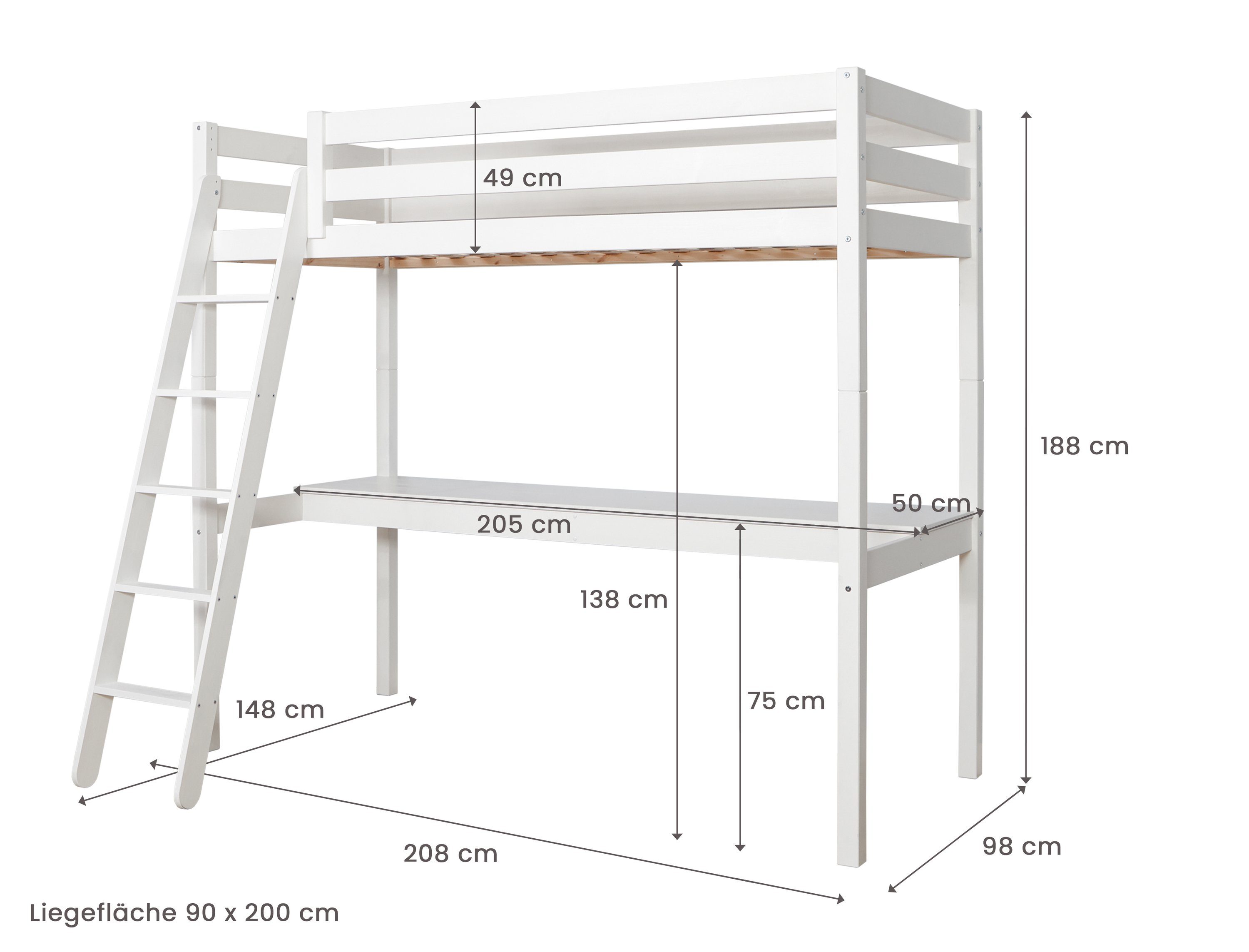 Ticaa loft bed “Felix” with desk, solid pine, optimal space utilization, desk surface dimensions L206 x W50 cm