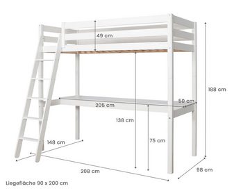 Ticaa Hochbett Hochbett „Felix“ mit Schreibtisch Kiefer massiv