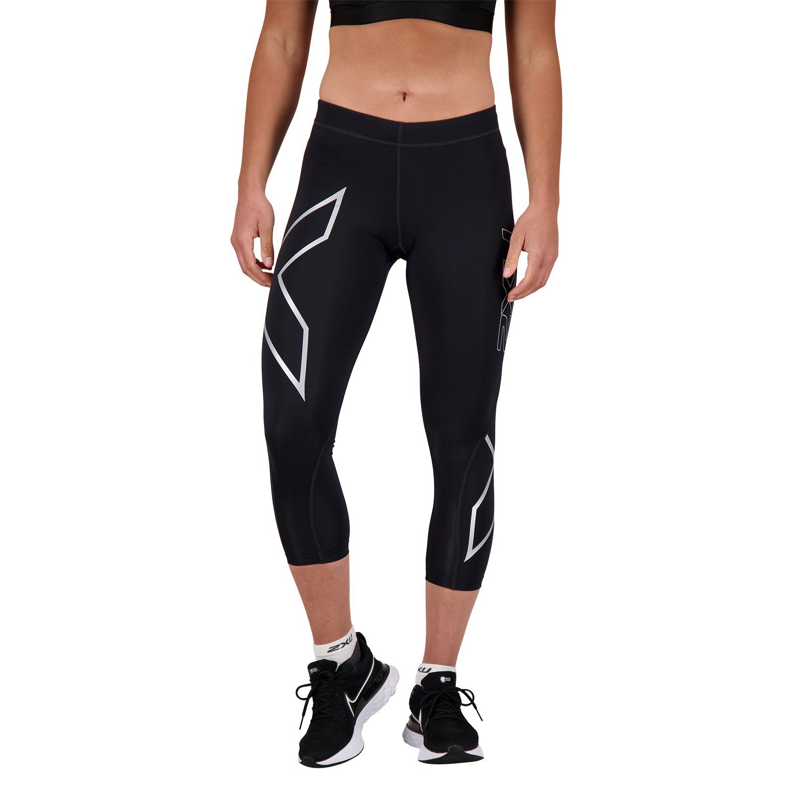 2xU Quadrizeps, Tights Gesäß, Kompressionshose Sporthose und Core Adduktoren, (1-tlg) Kompressionsunterstützung lang Wadenmuskeln Kniesehen Compression für Black/Silver