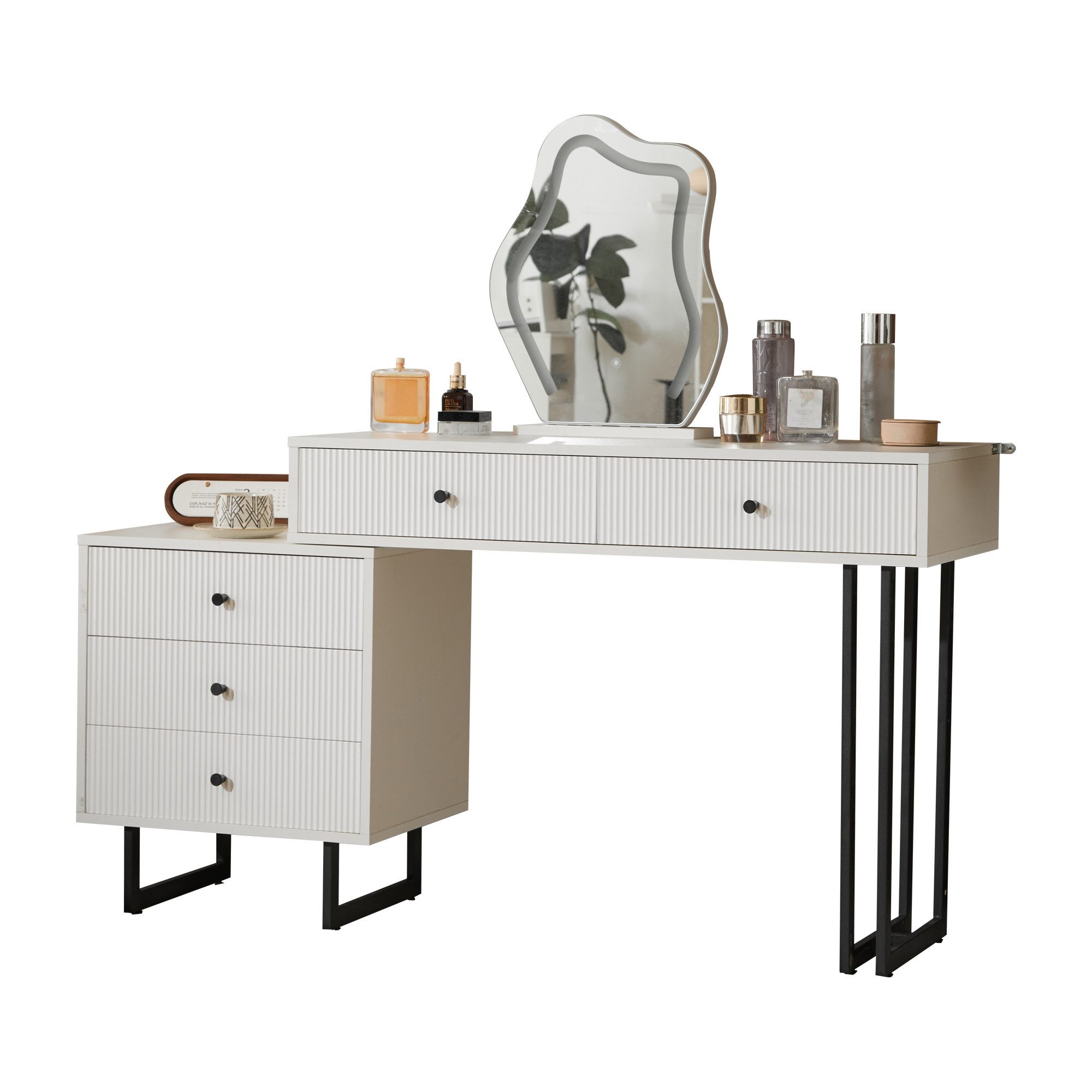Merax Schminktisch Schminktisch mit LED Spiegel in Wolkenform, Kosmetiktisch mit ausziehbarer Tischplatte und Schubladen, 100x40x76cm