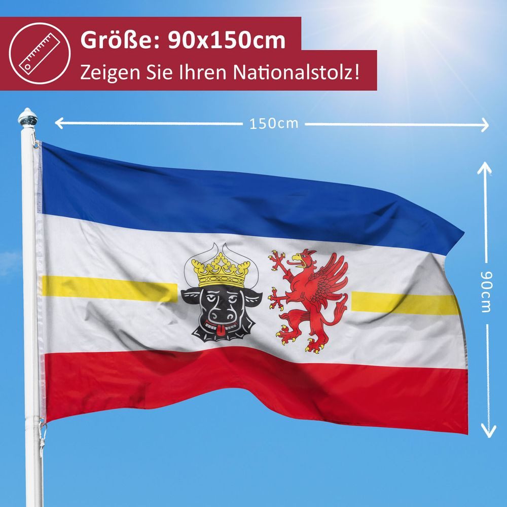 PHENO FLAGS Flagge Mecklenburg Vorpommern Flagge 90 x 150 cm Mecklenburgische Fahne (Hissflagge für Fahnenmast), Inkl. 2 Messing Ösen