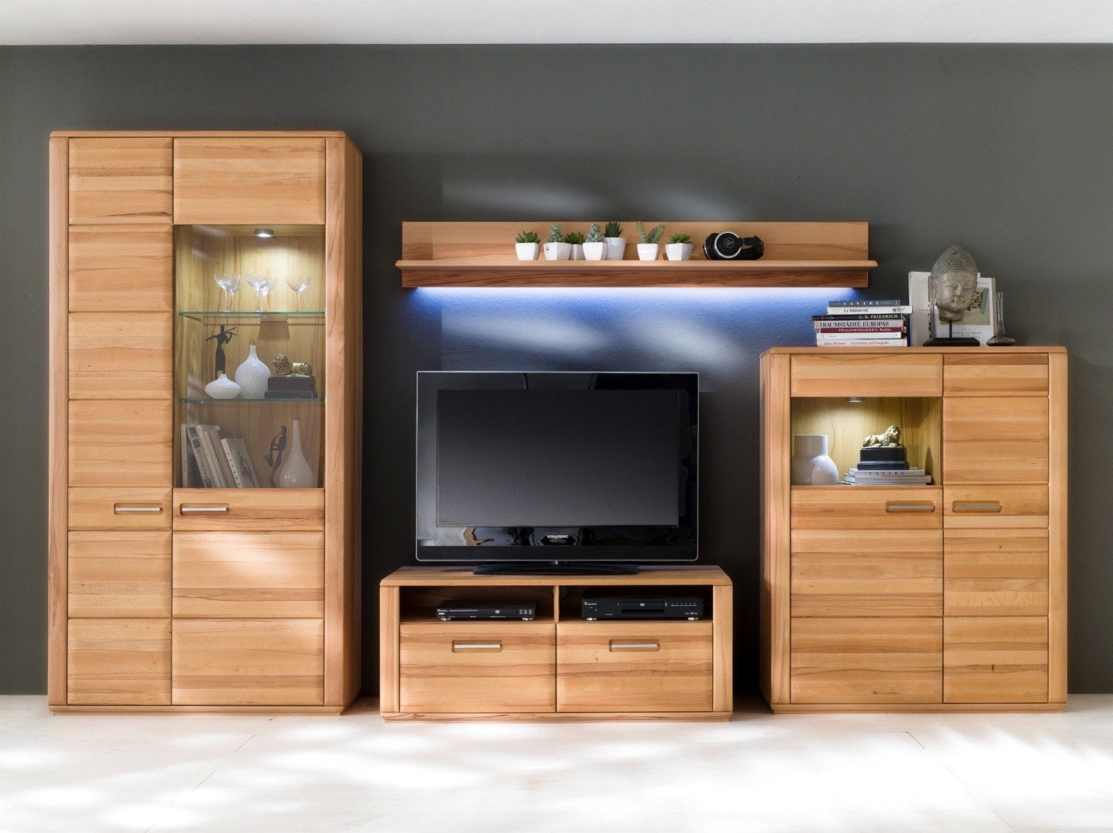 Empinio24 Wohnwand Sanremo, (Spar-Set, 4-St., Vitrinenschrank, TV-Lowboard, Wandboard, Kombi-Highboard), Gesamtbreite 357 cm, Kernbuche teilmassiv