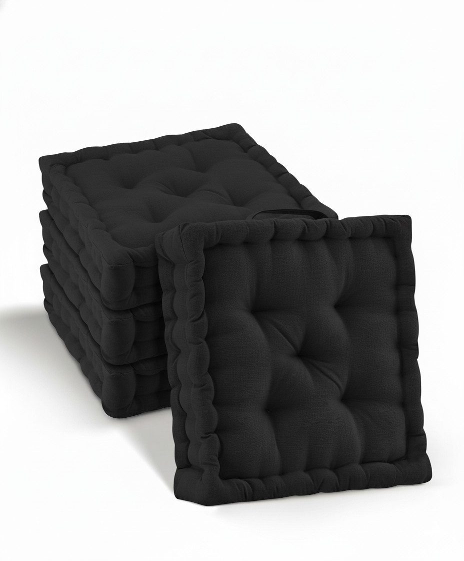 Beautissu Stuhlkissen 4er Set Bodenkissen Sitzkissen Mila, 40x40cm, Schwarz, Matratzenkissen 10cm, 100% Baumwolle Stuhlkissen Indoor & Outdoor