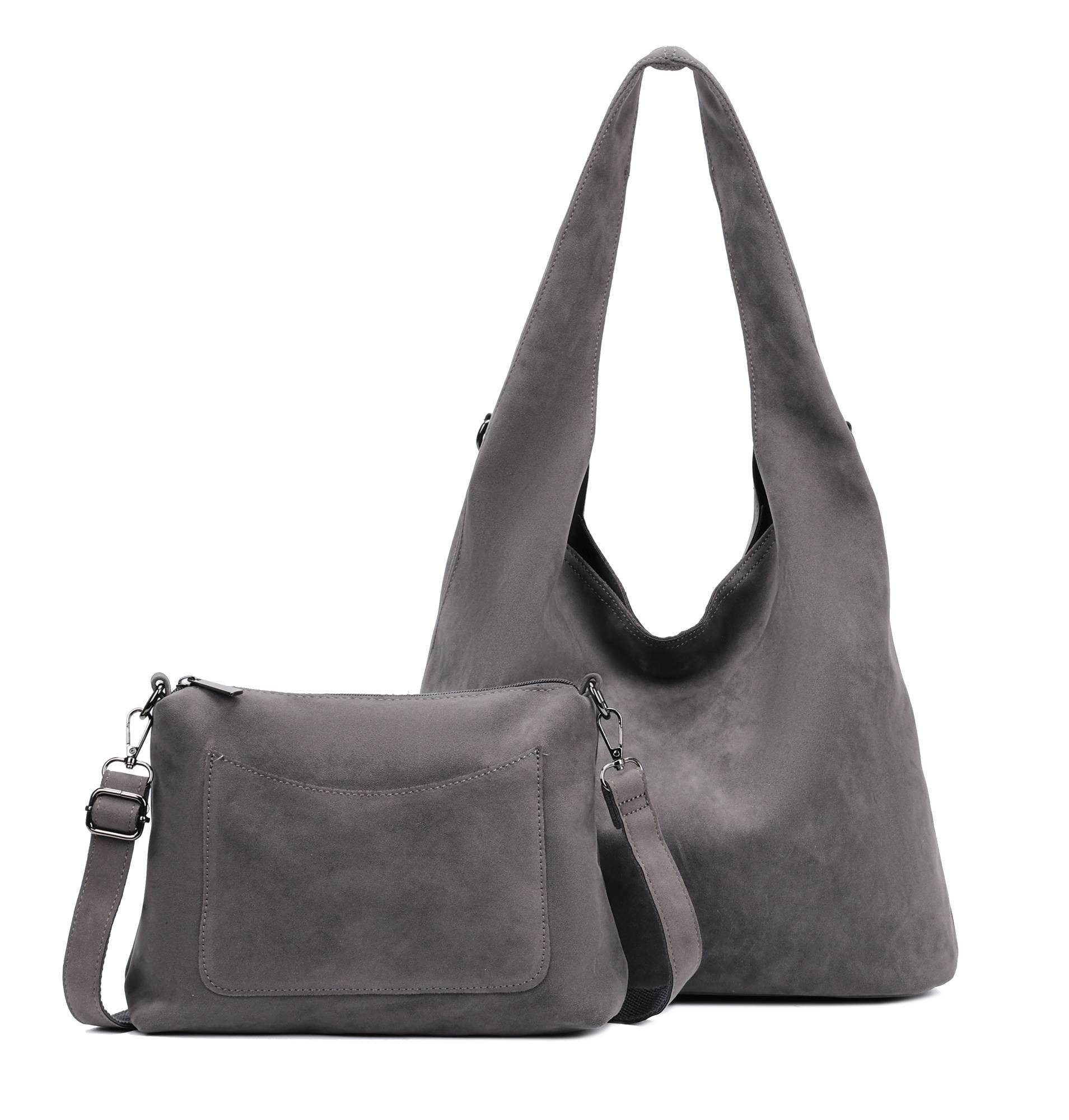 ITALYSHOP24 Schultertasche Damen Tasche Set 2in1 Shopper Handtasche Crossbody Velours CrossOver (Spar-Set 2 in1 Hobo + Crossbody Bag / Schmucktasche, Leichtgewicht, Wildleder Optik), Hobo Bag Umhängetasche Body Bag Beuteltasche Workbag Freizeit Urlaub
