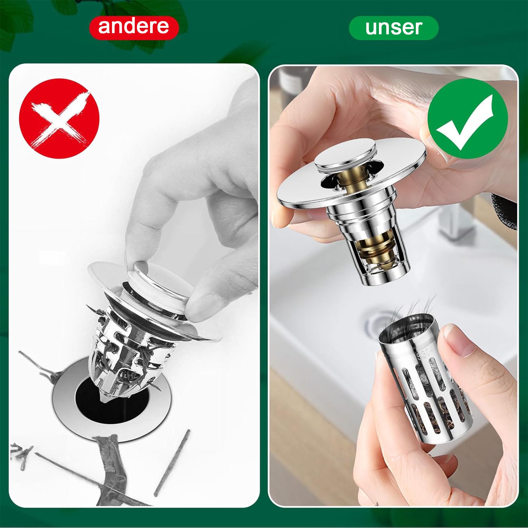 Mutig Waschbeckenstöpsel 2 Stück 2-in-1 Waschbeckenstöpsel mit Abflusssieb, aus 304 Edelstahl, (Universeller Pop Up Abflussstopfen mit Haarsieb, schnell ablaufend, passend für Abflüsse von 25–30 mm), für Bad, Küche, Dusche & Badewanne