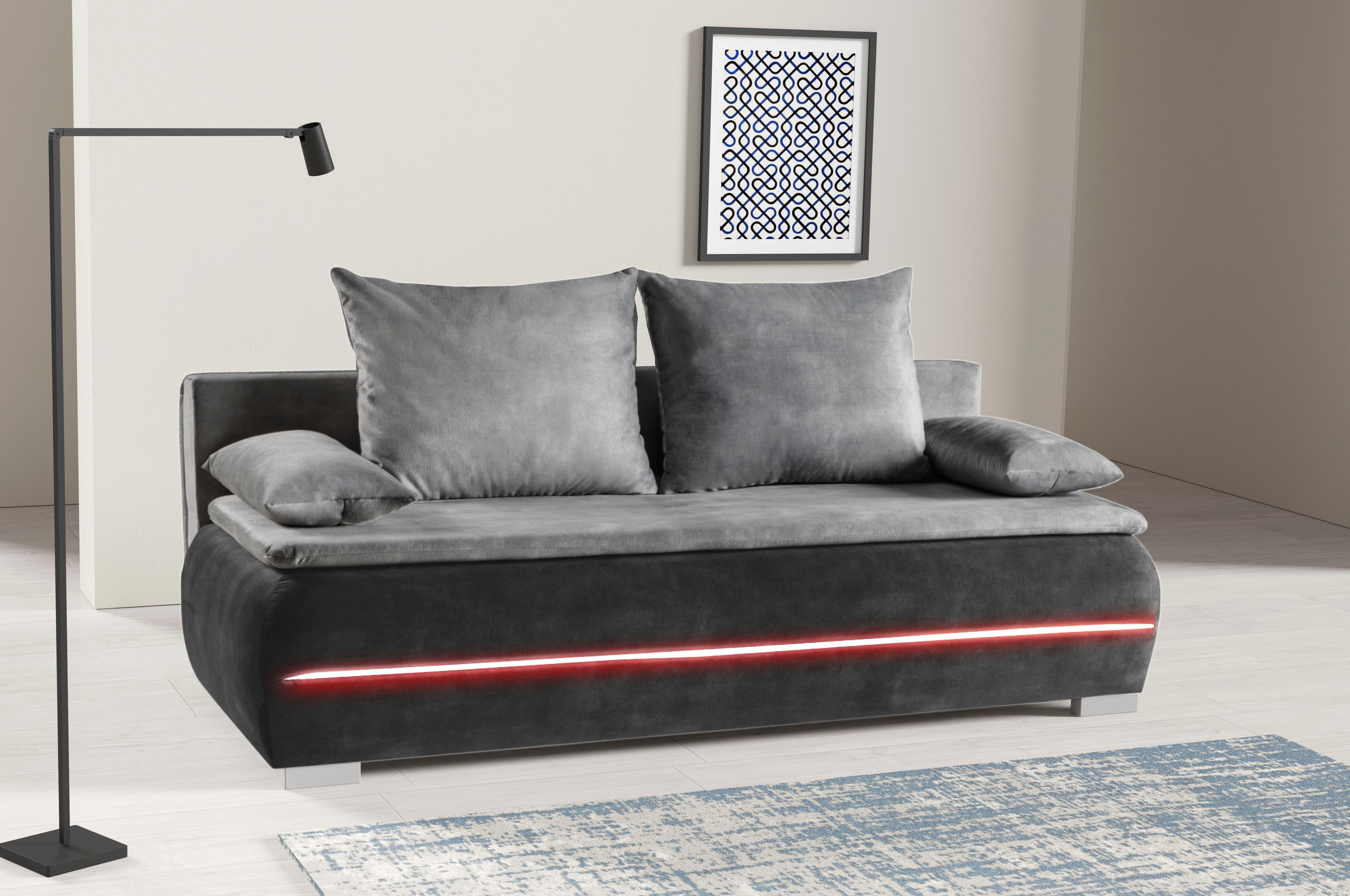 WERK2 Schlafsofa Tekla LED, Bettcouch Breite 206cm, Liegefläche 200/140cm, 2-Sitzer Schlafcouch mit Bettkasten & stylischer RGB-LED-Beleuchtung