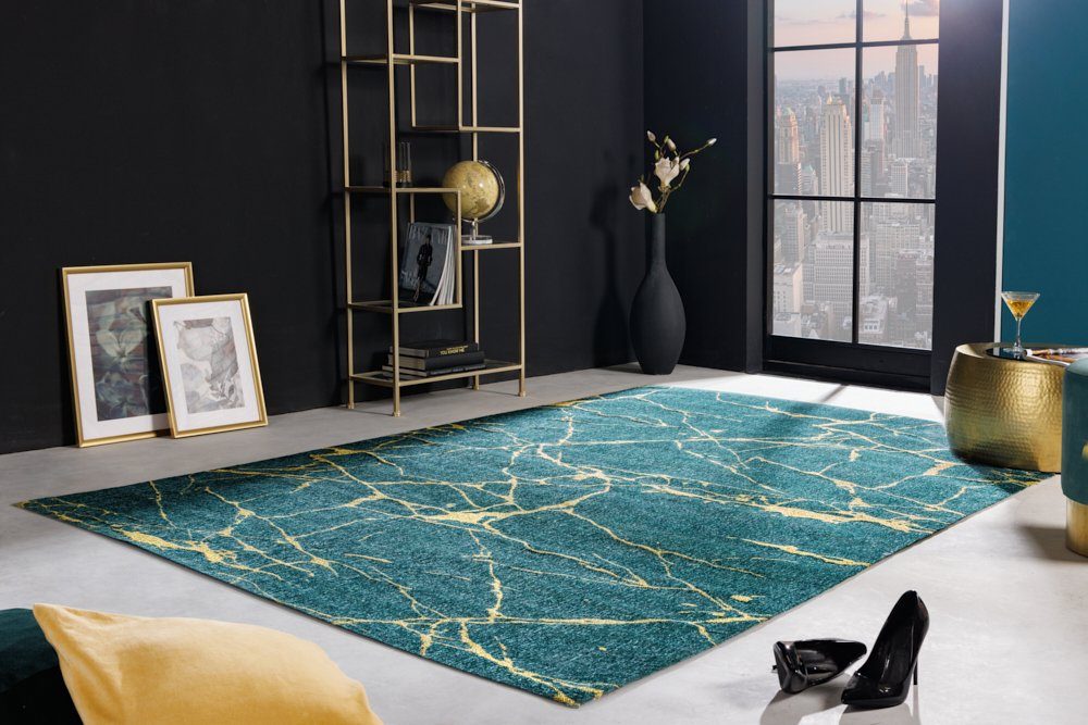 Teppich MARBLE 240x160cm grün / gold, riess-ambiente, rechteckig, Höhe: 10  mm, Wohnzimmer · Flachgewebe · Marmor-Optik · Modern Design