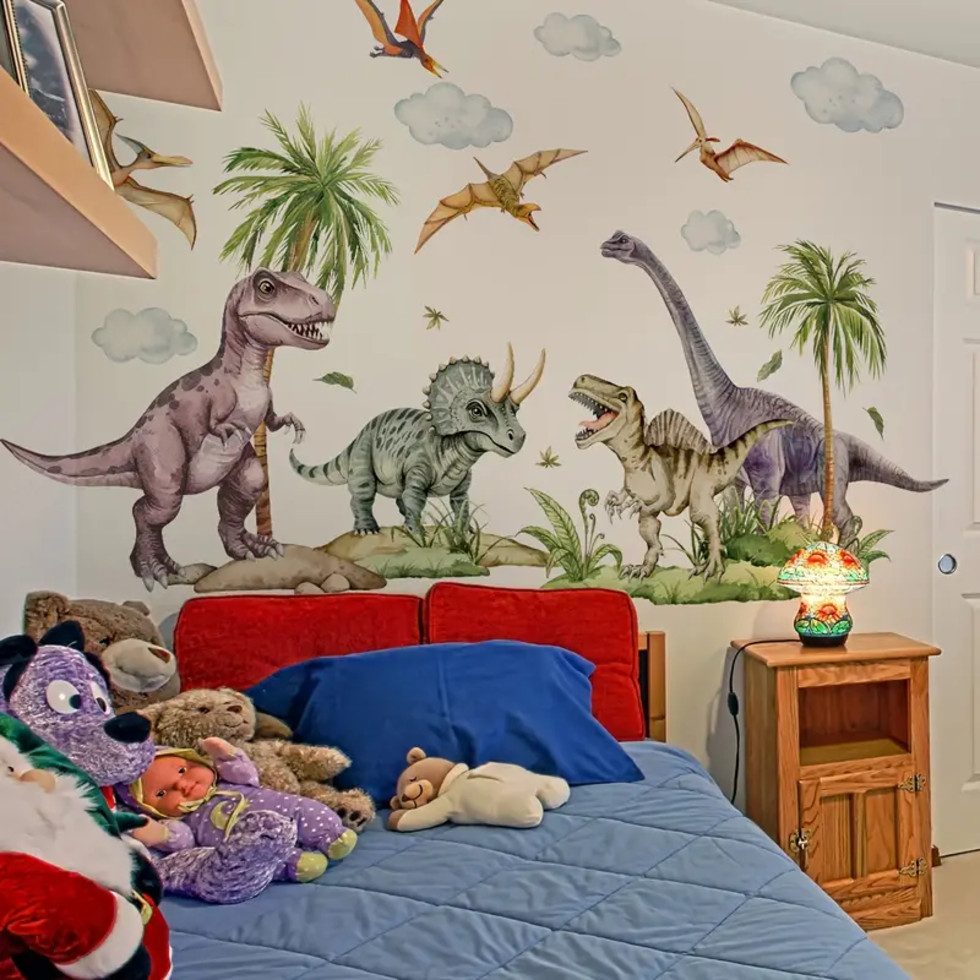 Montegoni Aufkleber 2er Set Dinosaurier Wandsticker selbstklebend für Kinderzimmer, (Kein Set (Single Item), Selbstklebend, wiederverwendbar, buntes Dino-2er-Set