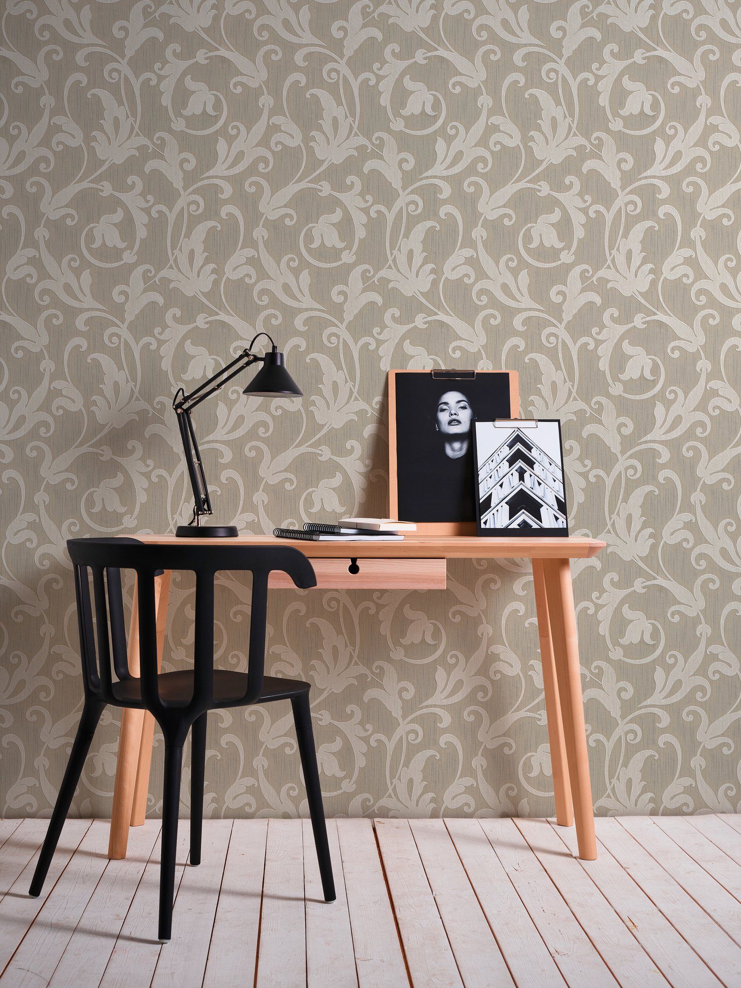 A.S. Création Paper floral, Tessuto, Barock beige/silberfarben samtig, Architects Barock, Textiltapete Tapete