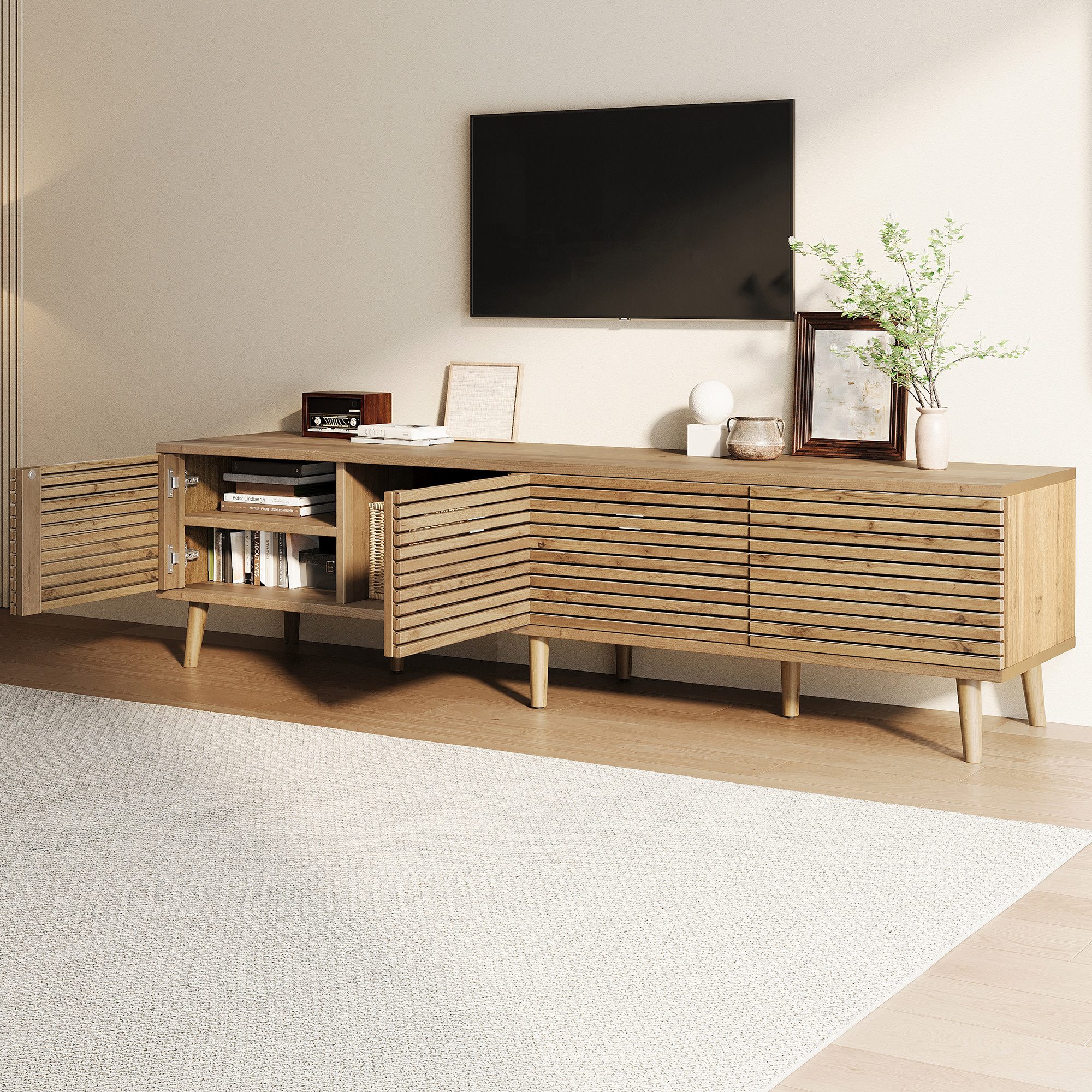 Merax Lowboard mit 4 Türen im Zaun-Design, 6 Staufächern & Stauraum (Fernsehtisch aus MDF und Spanplatte in Holzoptik, 1 St), TV-Schrank mit Kabeldurchführung & – Bild 2 von 5