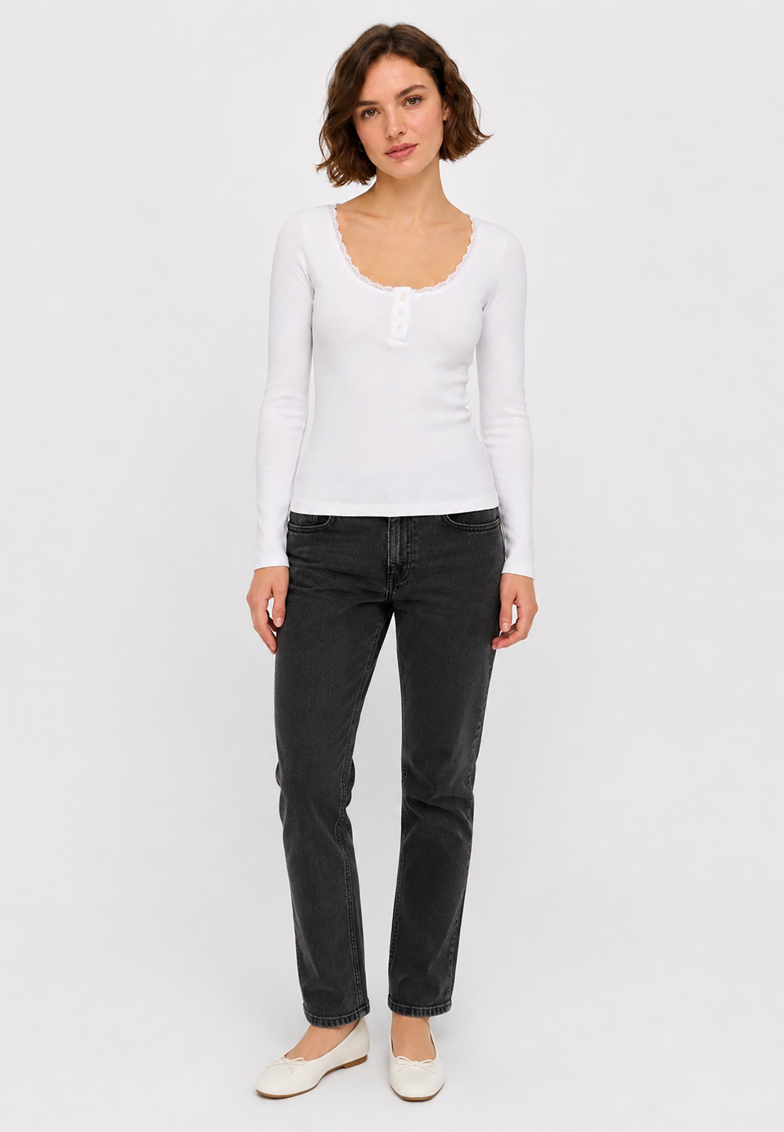 Noisy may T-Shirt Tiefer Rundhals Spitze Knopfleiste Rippstruktur Komfort für Damen (1-tlg) Baumwolle Slim Fit Rundhals Langarm Einfarbig atmungsaktiv