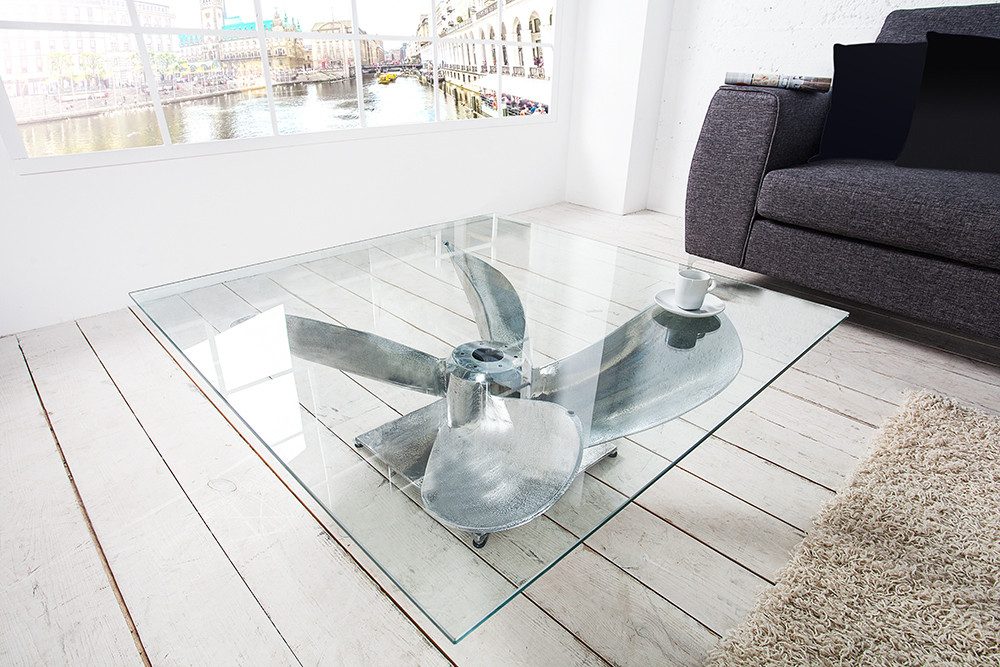 riess-ambiente Couchtisch OCEAN L 85cm silber antik - Sicherheitsglas, Metall, Schiffsschraube, Eckiger Beistelltisch im maritimen Design - ideal f. Wohn- & Esszimmer