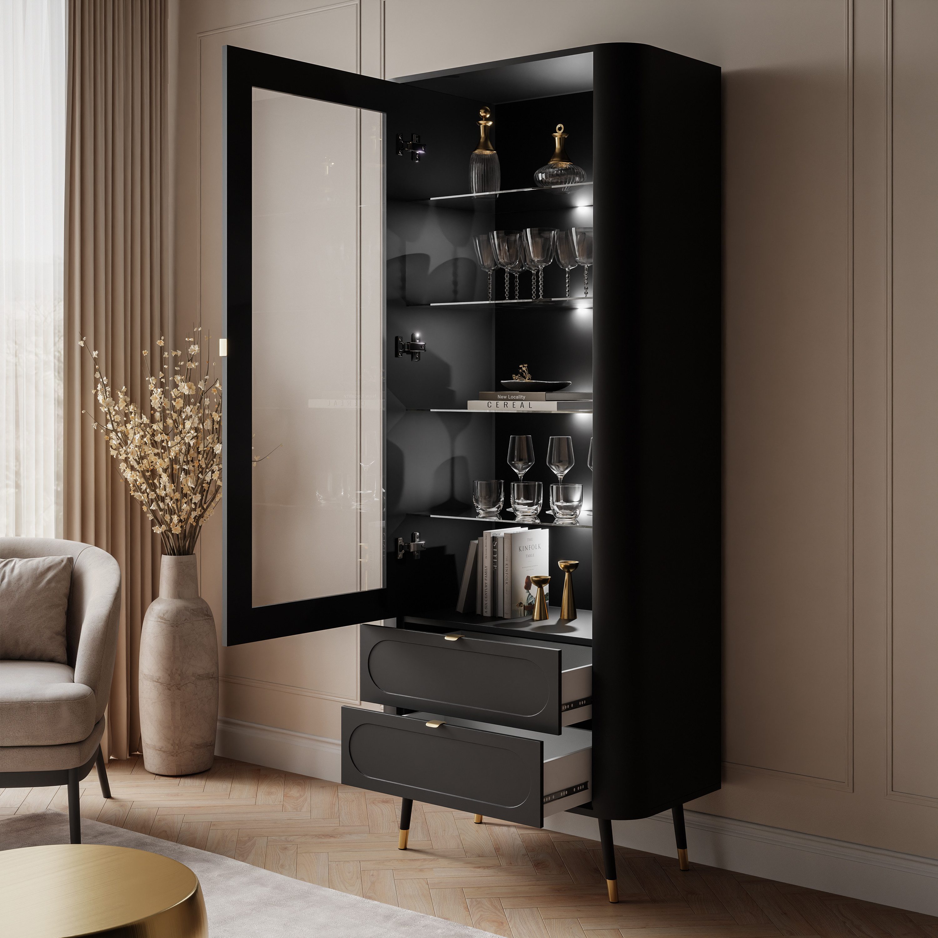 Lookway Standvitrine SHADOW mit Glastüren und LED-Beleuchtung