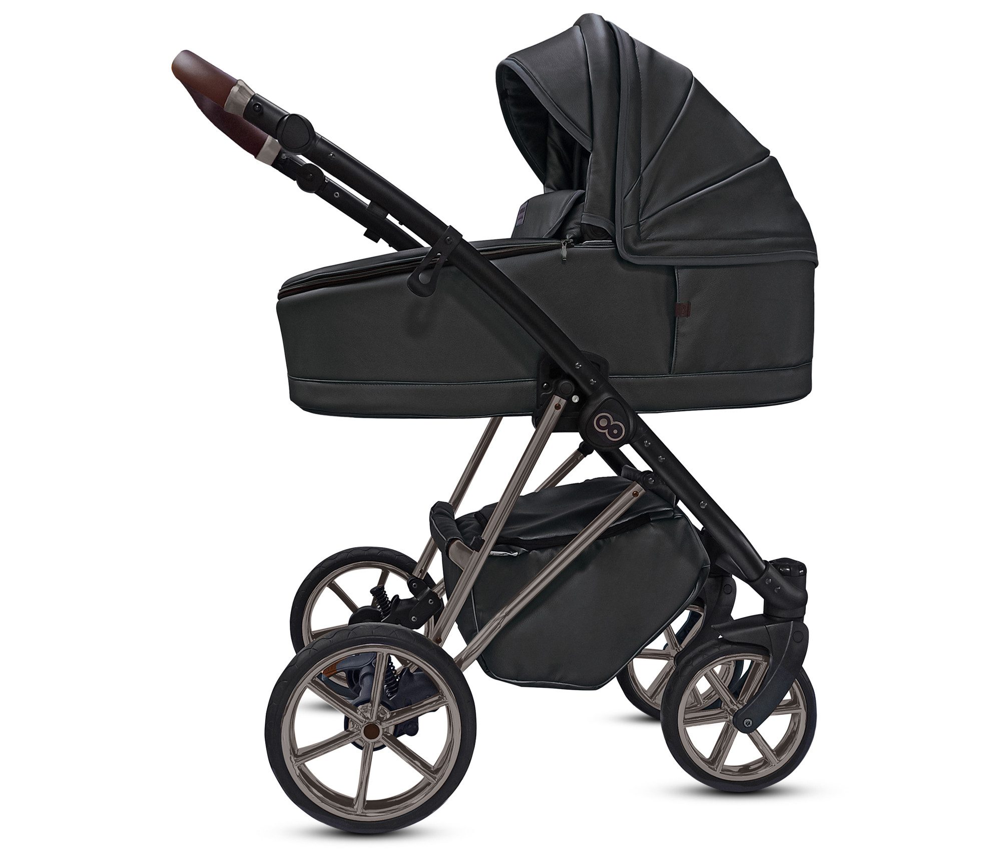 TPFFamily Kombi-Kinderwagen 4 in 1 Musse Royal, Baby Buggy Babywanne Autositz Isofix Basis, Zubehör-Set Kinderwagen 4 in 1 Kunstleder Schwarz, Gestell Grau