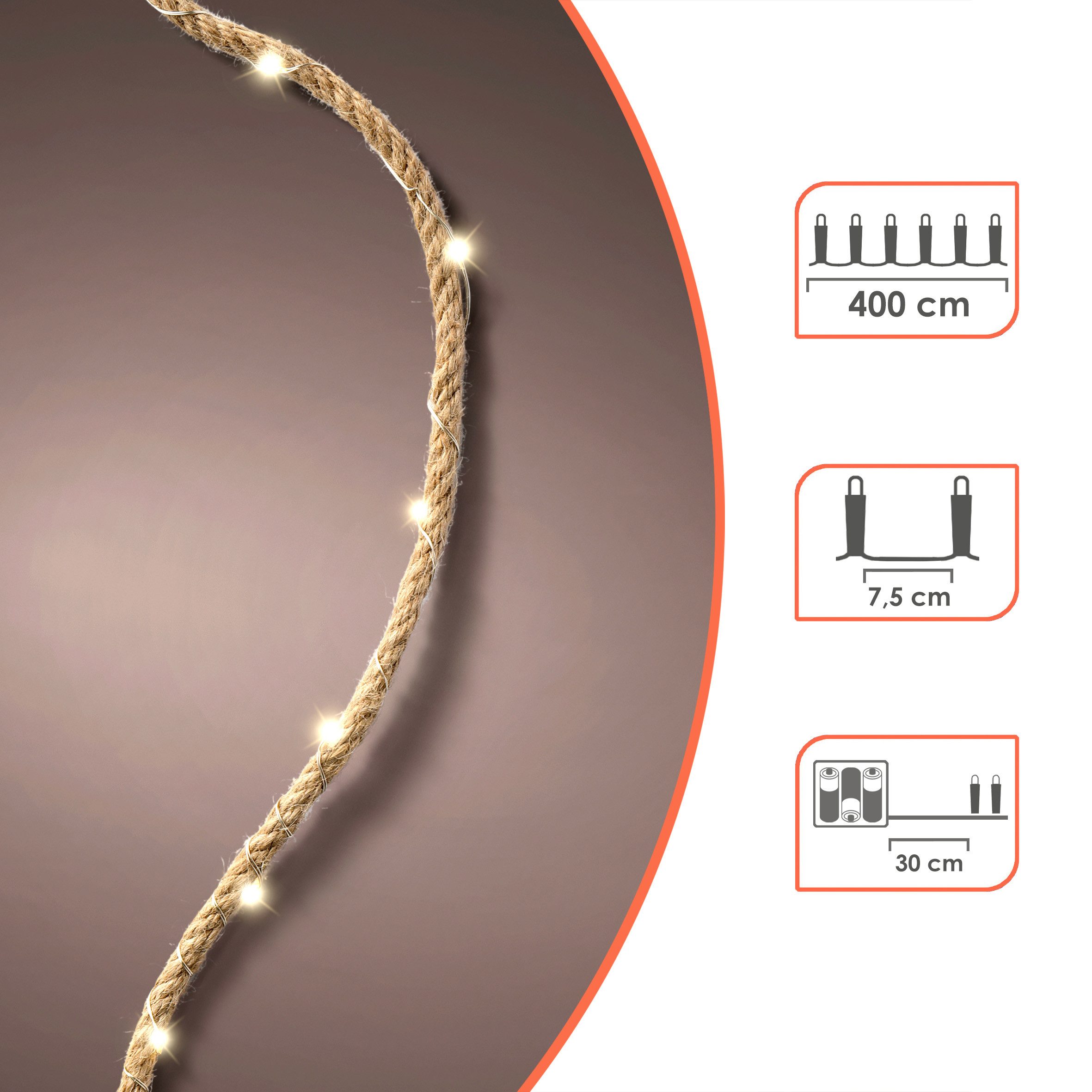 Spetebo LED-Lichterkette Tau mit Draht Lichterkette warm weiß mit Timer 400 cm, 60-flammig, Batterie betrieben