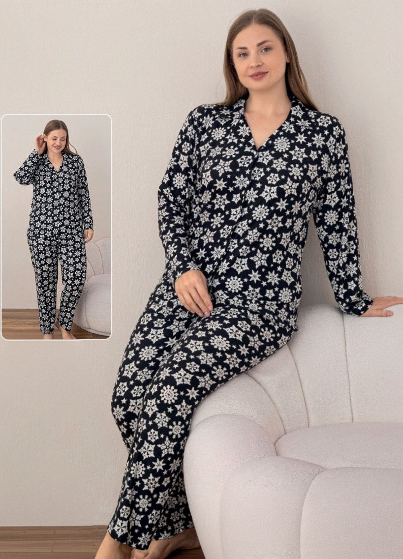 fashionshowcase Pyjama Damen Hausanzug mit Schneeflocken-Design Rot und Sch günstig online kaufen