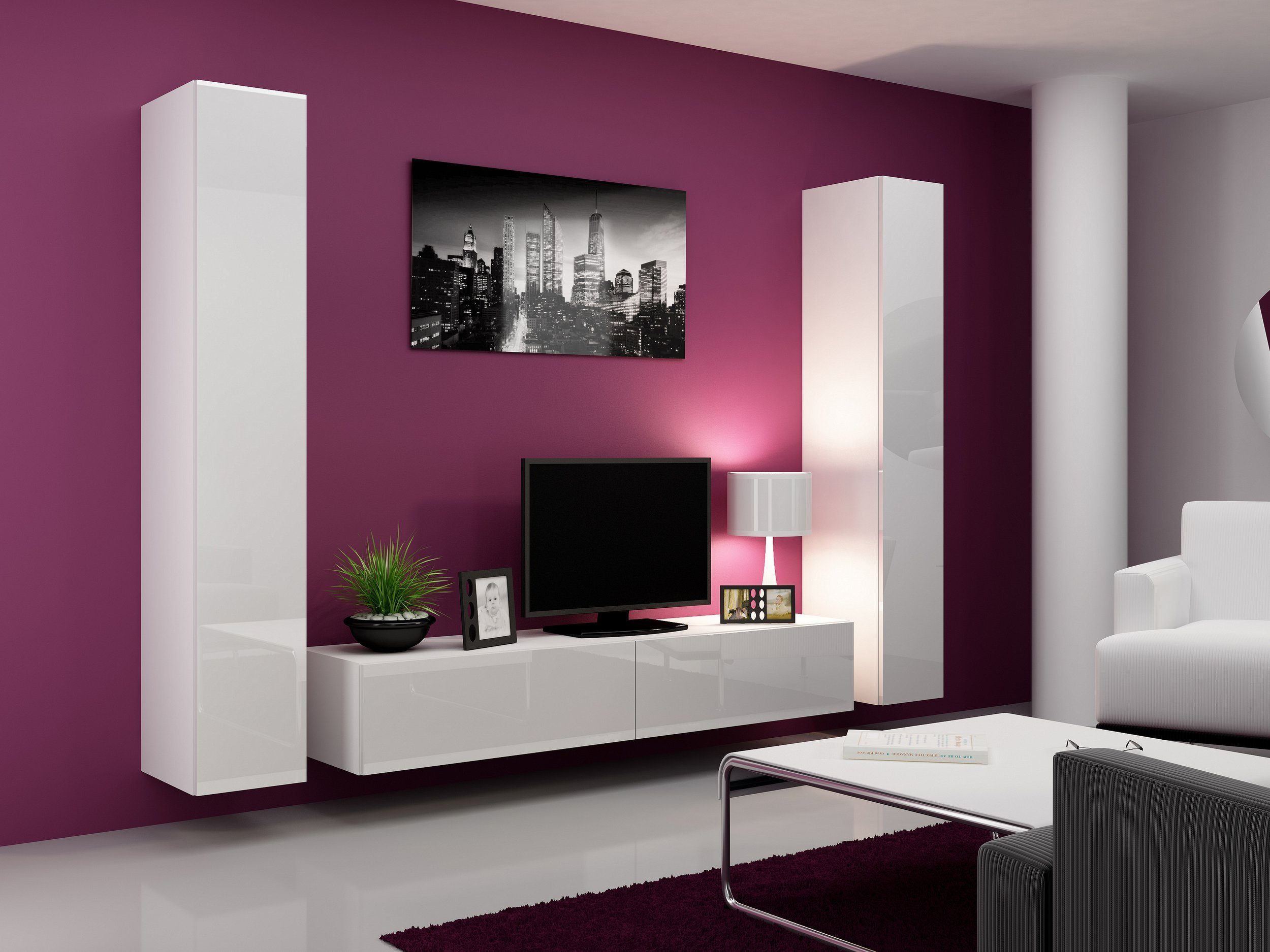 Stylefy Wohnwand Vago IV B, (Set (3-St), Wohnmöbel, Wohnzimmer-Set), bestehend aus 1xLowboard und 2xHängeschrank, Hochglanzfronten, mit Push-to-Open, Modern Design Weiß/Schwarz