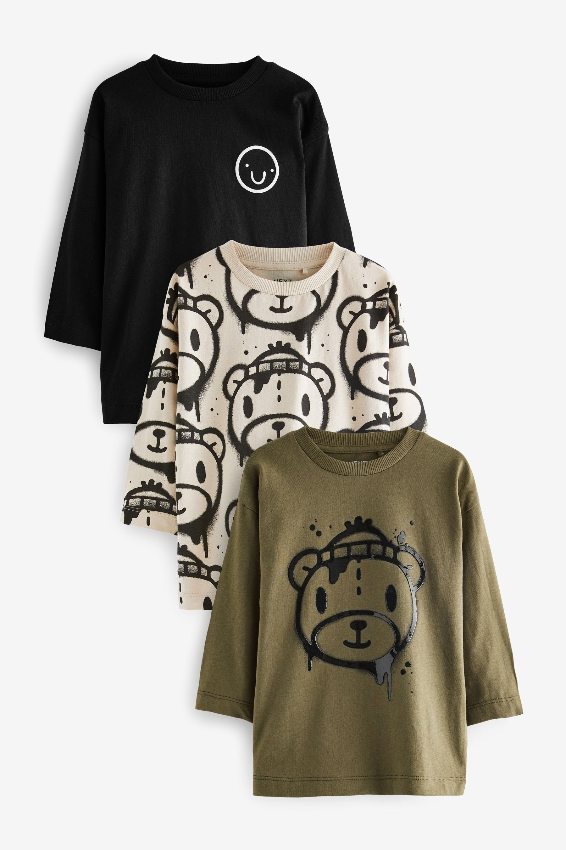 Next Langarmshirt Langärmelige Shirts mit Figurenmotiv im 3er-Pack (3-tlg) Khaki/Stone Bear