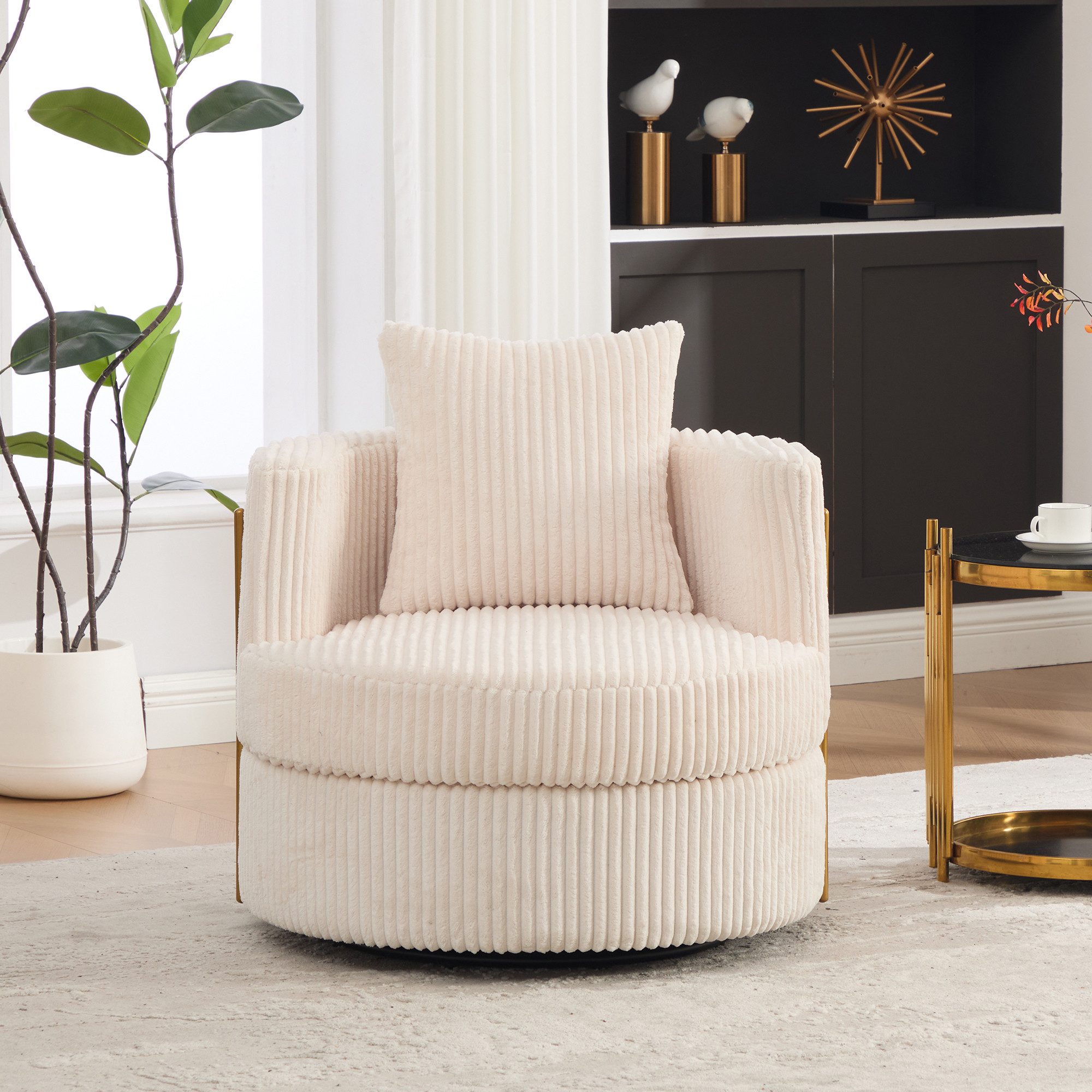 HAUSS SPOLE Loungesessel 360° drehbar,Relaxsessel Einzelsessel aus Cord Wohnzimmer,Beige (Relaxsessel Drehsessel für Schlafzimmer,Wohnzimmer, 1-St), Freizeitsessel mit Cordbezug und 360-Grad-Drehmechanismus