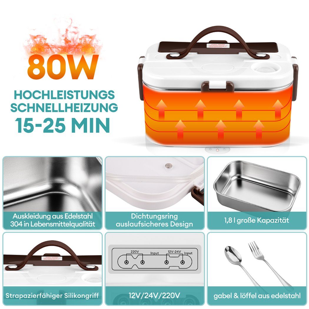 CkeyiN Elektrische Lunchbox 3 in 1 für Zuhause und Auto, 1,8 L, schnelles Erhitzen von Speisen, mit getrennter Fach, Kunststoffbox, Edelstahlgabel