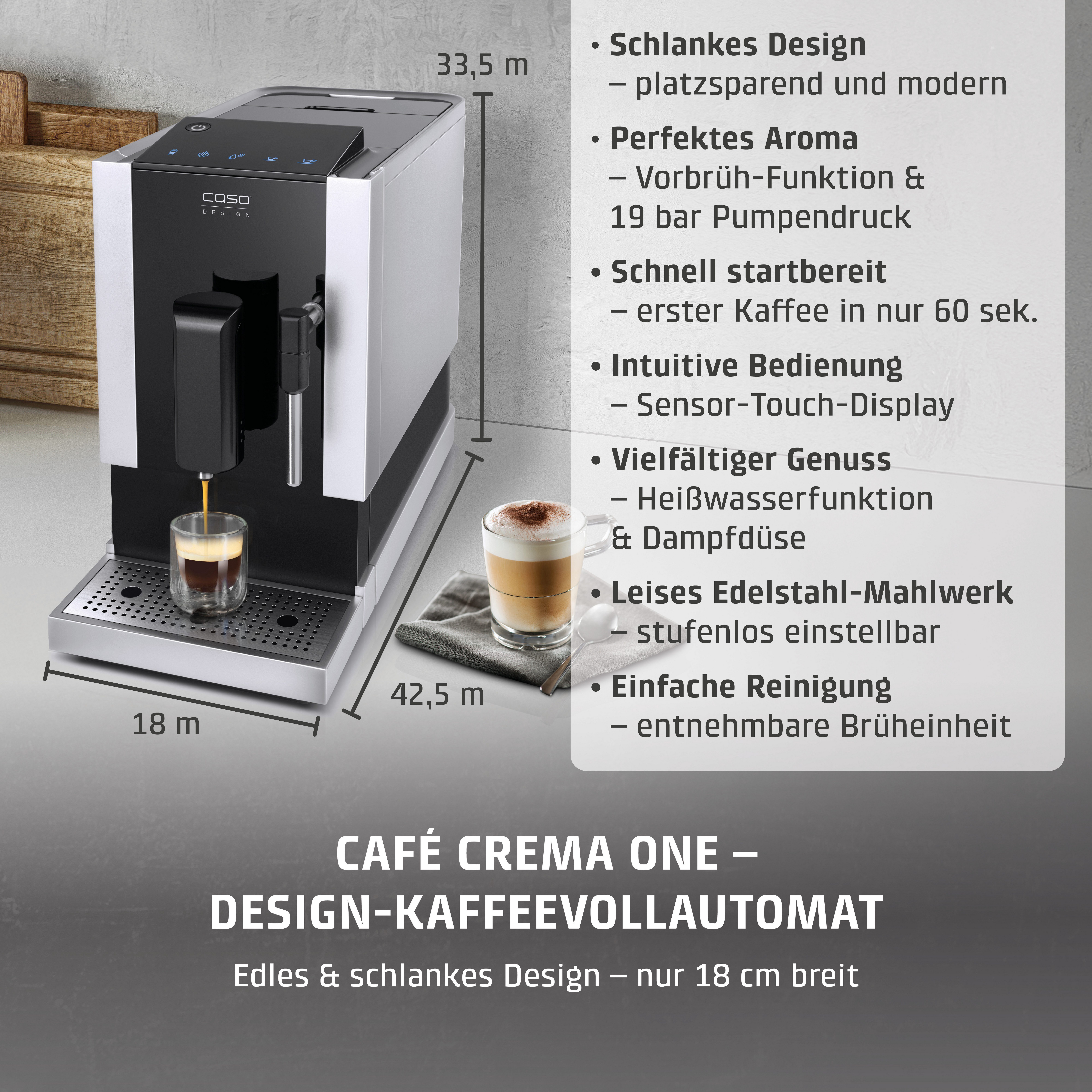 Caso Kaffeevollautomat Café Crema One, Praktische Sensor-Touch Steuerung, Edelstahl-Kegelmahlwerk
