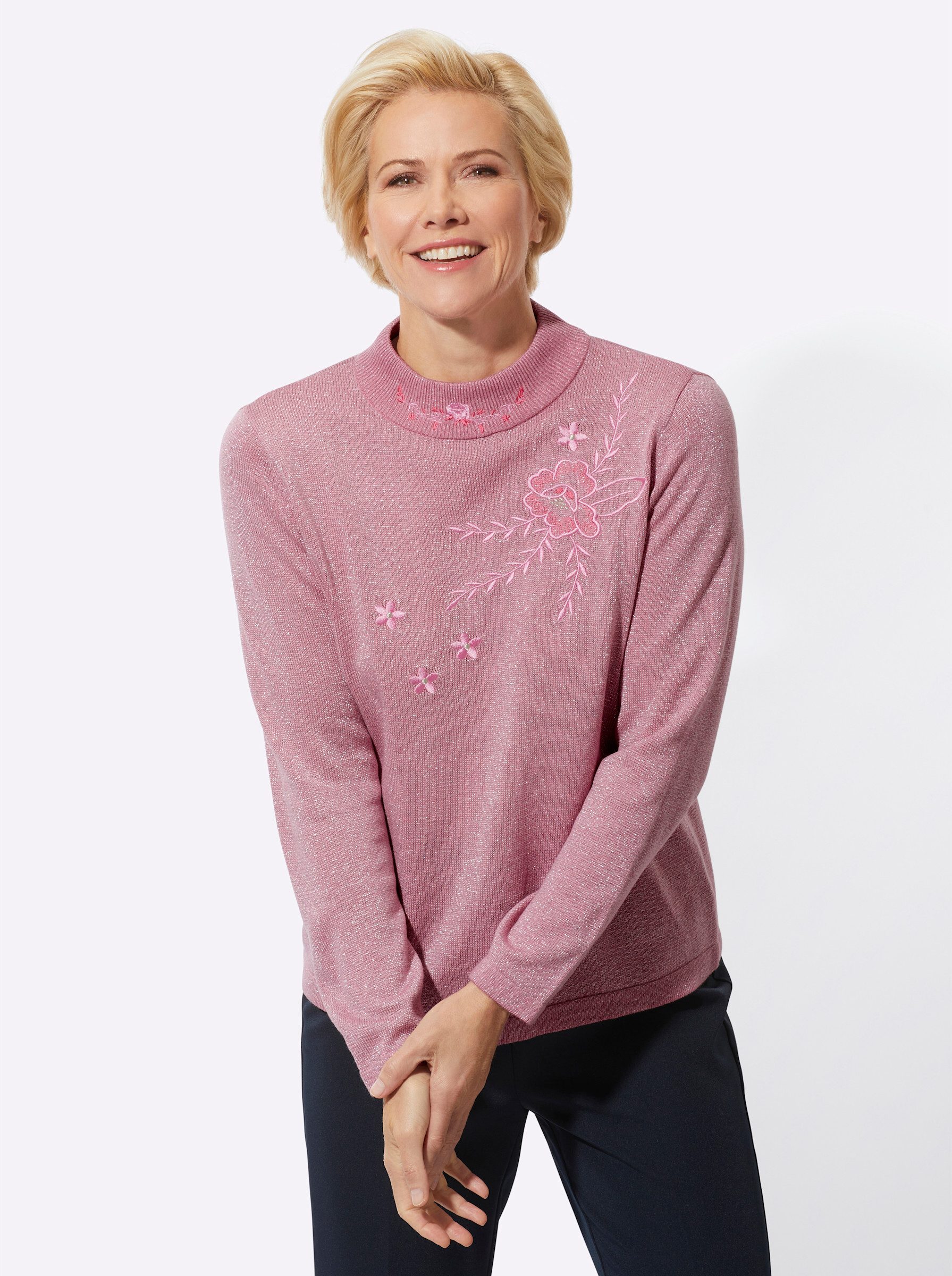 Witt Strickpullover Stehkragenpullover, Edle Blütenstickerei mit