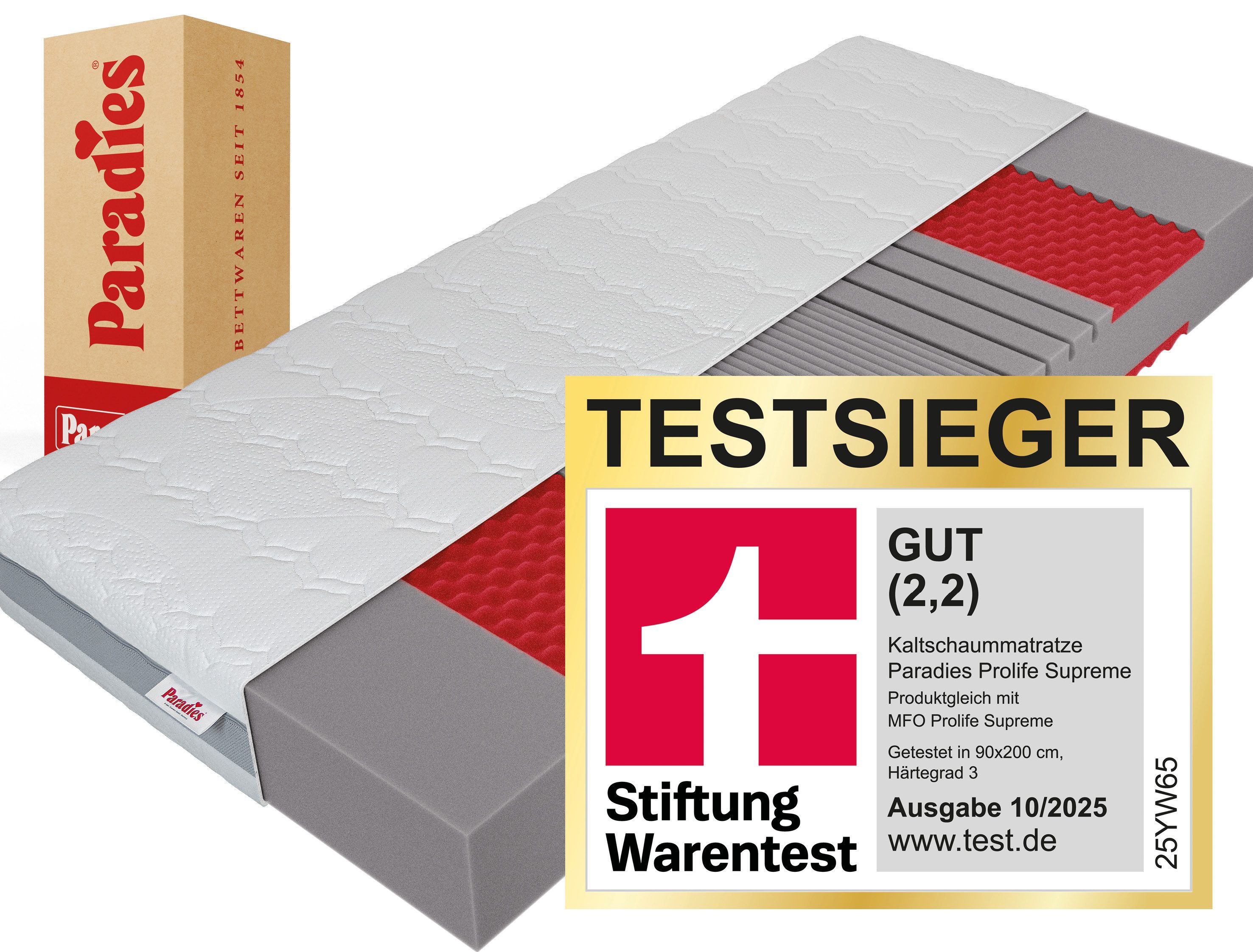 Kaltschaummatratze Neuheit: Paradies Prolife Supreme, Testsieger Stiftung Warentest, Paradies, 22 cm hoch, Note GUT (2,2), getestet in 90x200 cm, Härtegrad 3