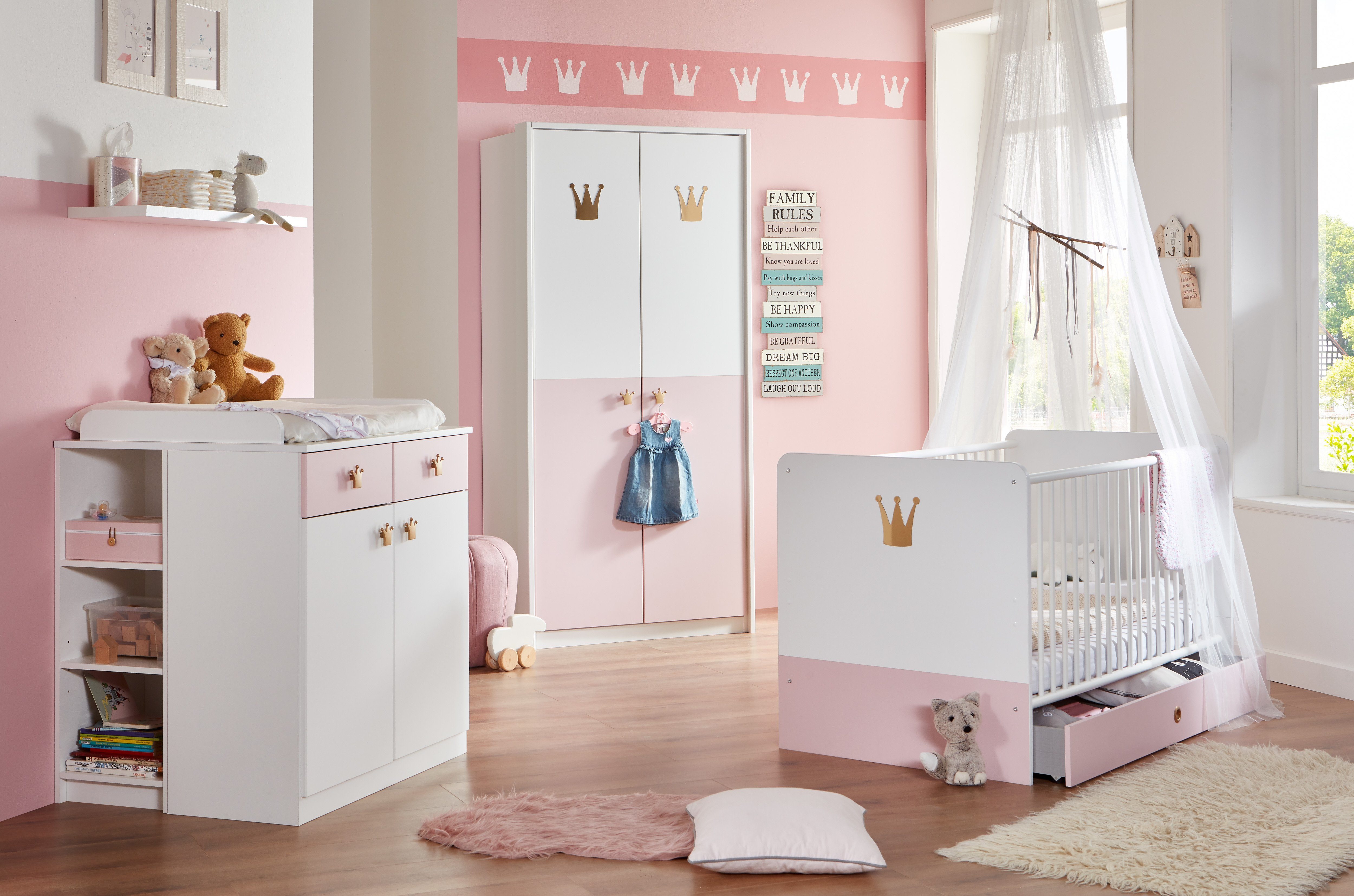 möbel-direkt.de Babyzimmer-Komplettset Cindy, (Komplett Set, 7-St., in verschiedenen Ausführungen), Made in Germany, Soft Close, Prinzessinnenzimmer