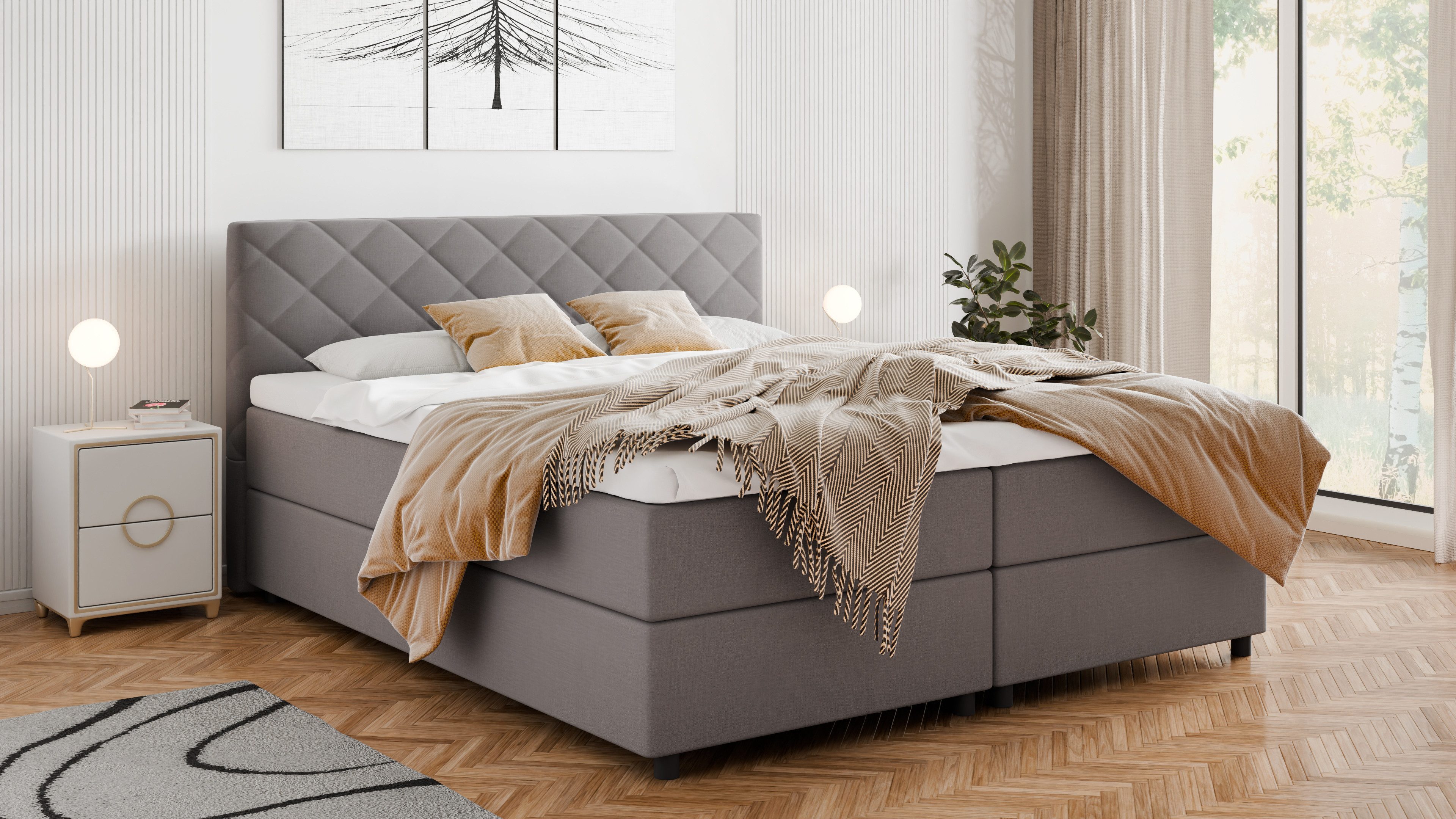 Homesy Boxbett DIAMARO (Boxspringbett inkl. integrierter Matratze und Topper), Praktischer Stauraum mit seitlicher Öffnung